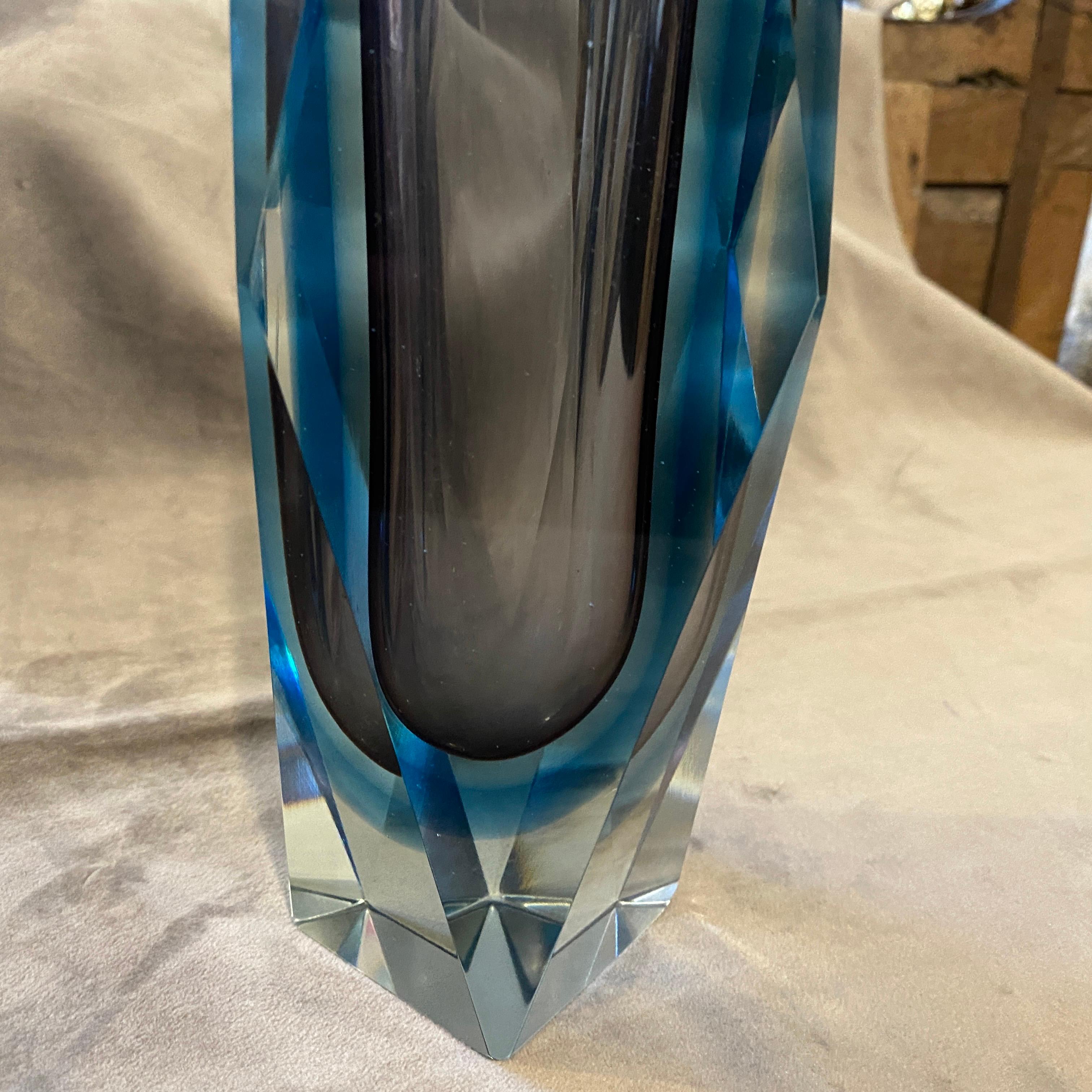 Mid-Century Modern 1970s Modernist Purple and Blue Faceted Murano Glass Vase by Seguso