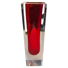 1970s Modernist Red Sommerso Square Murano Glass Vase by Mandruzzato