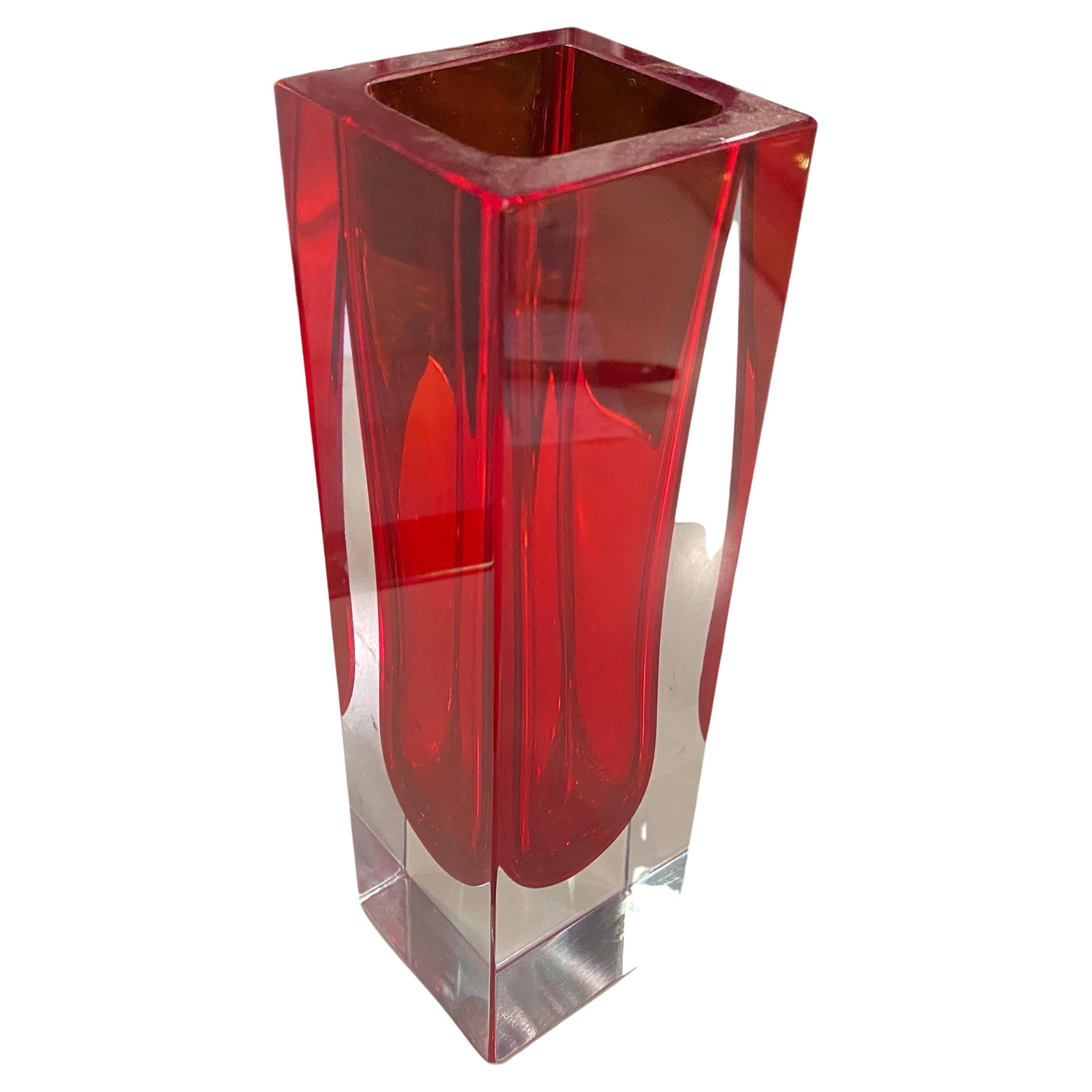 Mid-Century Modern 1970s Modernist Red Sommerso Square Murano Glass Vase by Mandruzzato