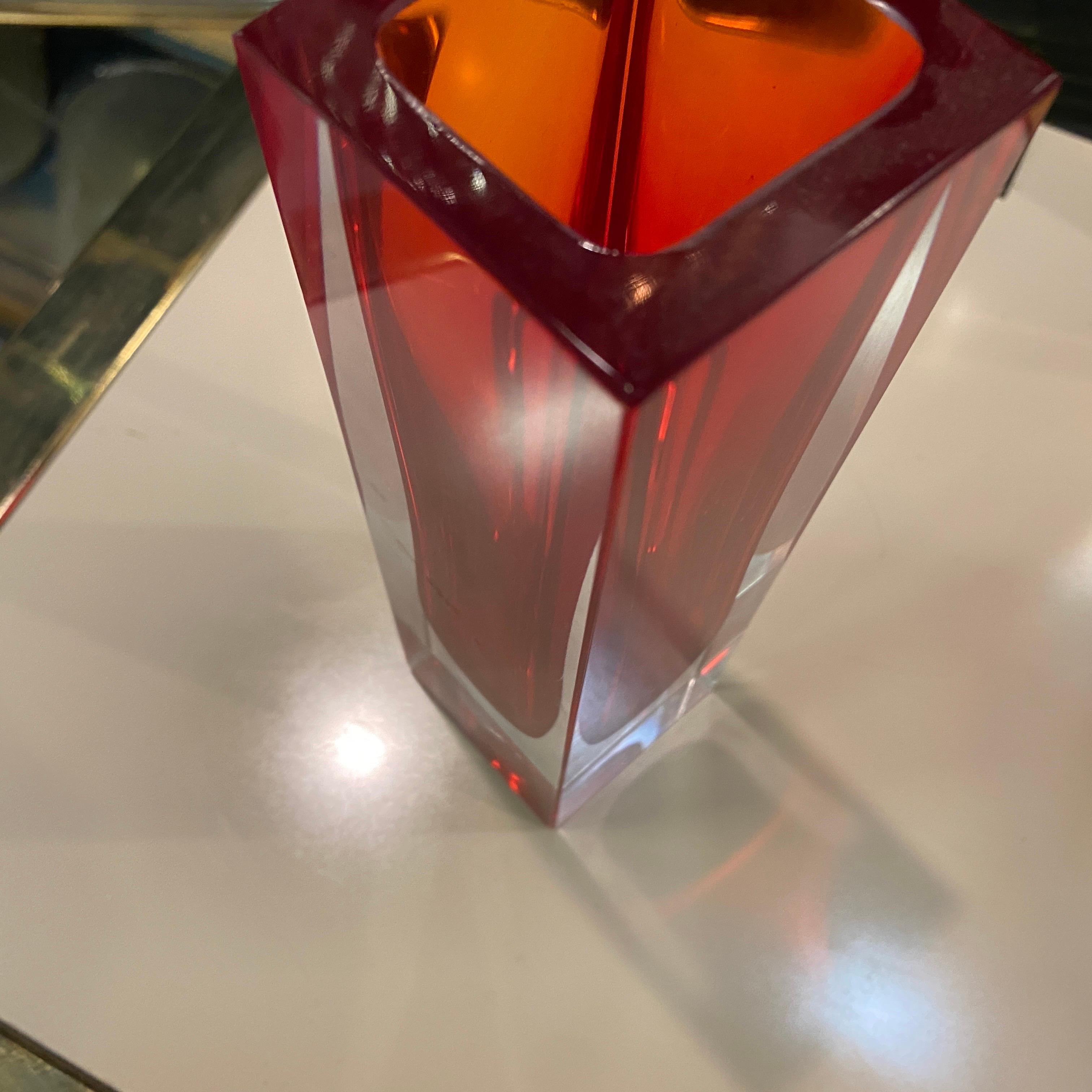 1970s Modernist Red Sommerso Square Murano Glass Vase by Mandruzzato 1
