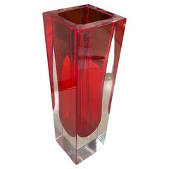 1970s Modernist Red Sommerso Square Murano Glass Vase by Mandruzzato