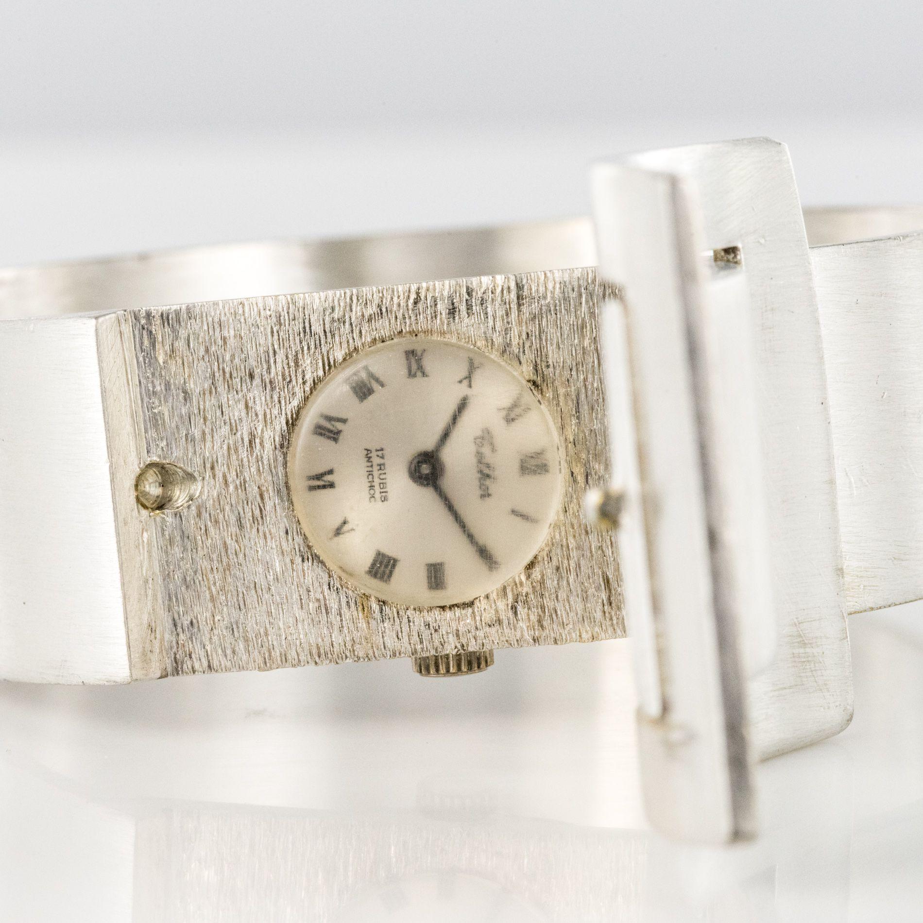 1970s Modernist Silver Bangle Bracelet Watch 8