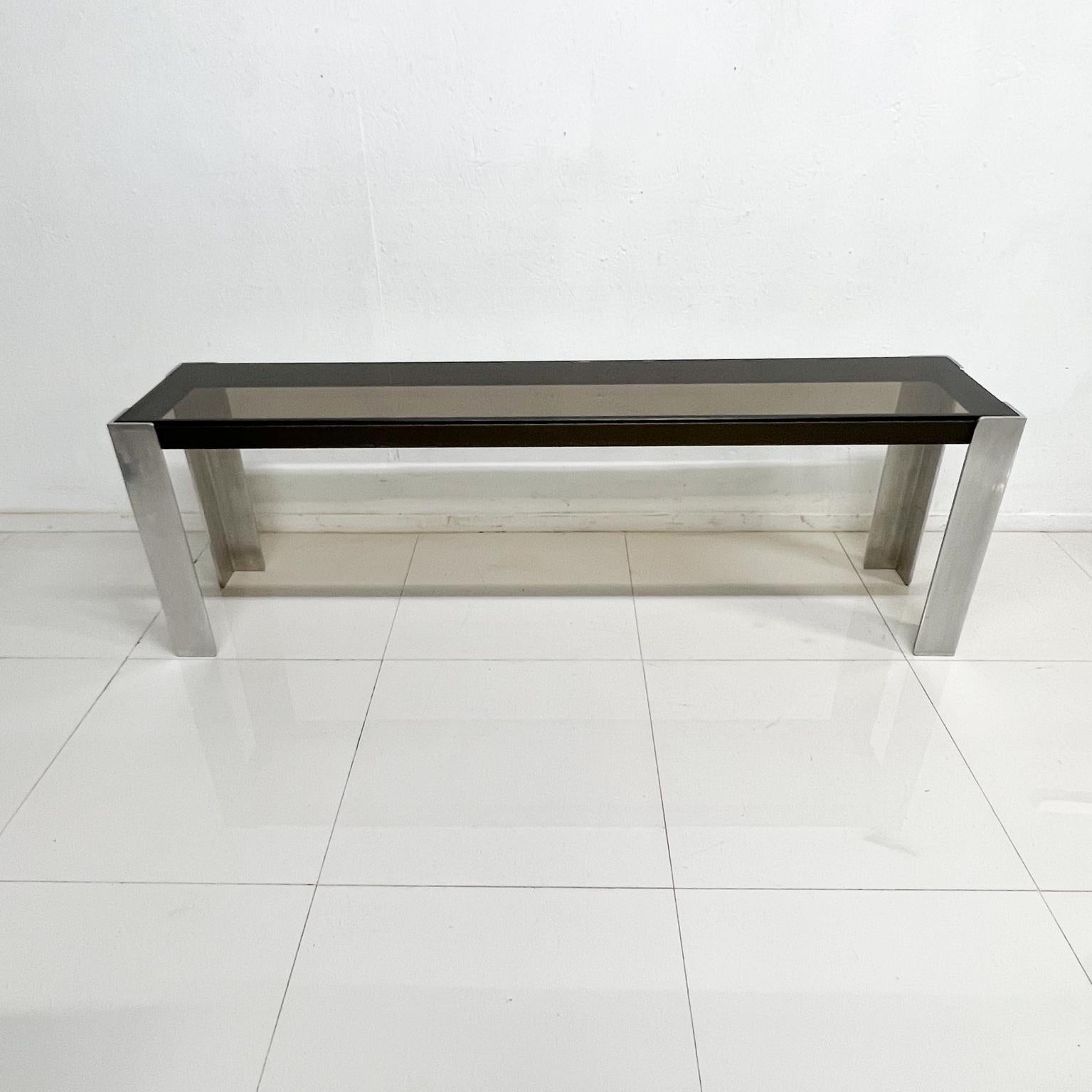 1970s Modernist Aluminum Console Sofa Table Style of Milo Baughman
Unmarked.
We have listed matching coffee table. 
23 tall x 15 d x 70.75 w
Preowned original vintage condition.
Delivery to LA OC Palm Springs



