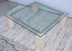 1970s Modernist Travertine Coffee Table with Floating Glass Top
