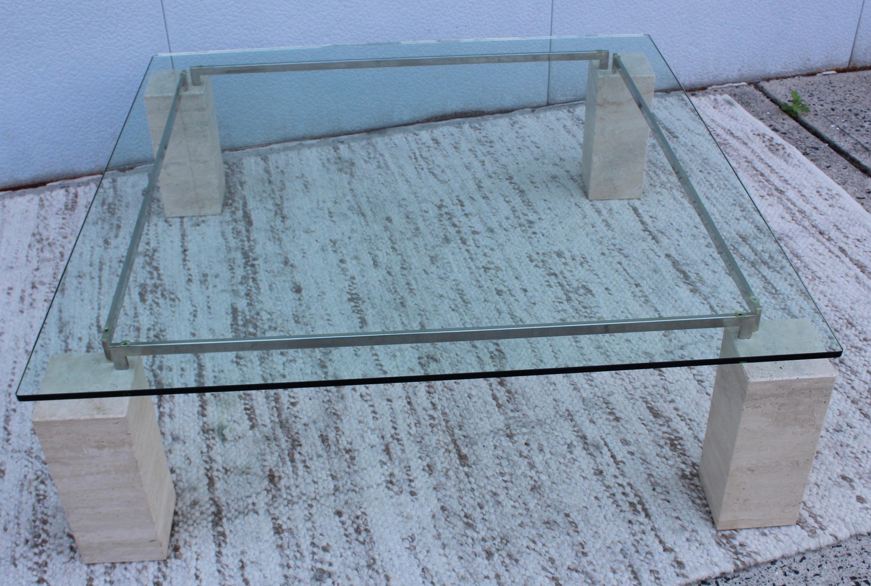 Mid-Century Modern 1970s Modernist Travertine Coffee Table with Floating Glass Top