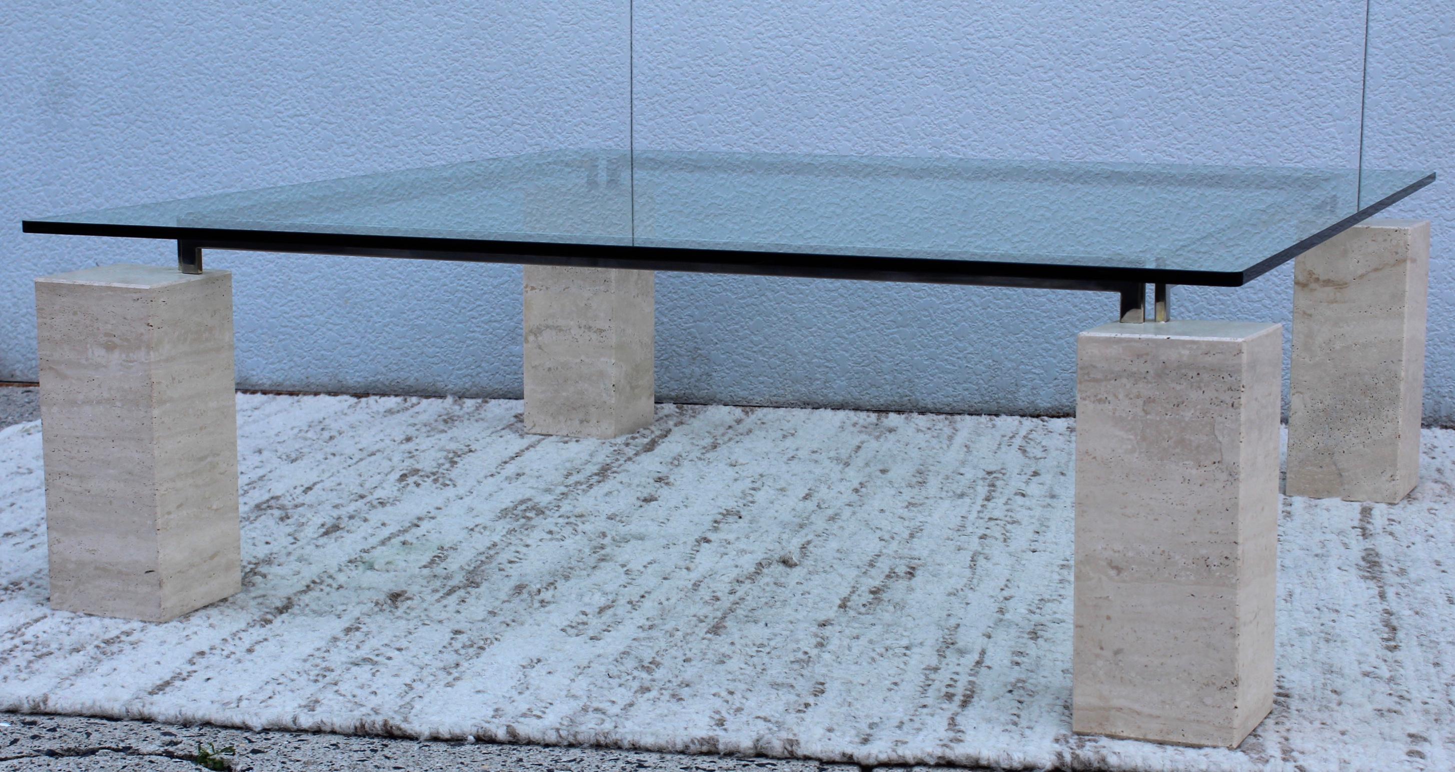 Italian 1970s Modernist Travertine Coffee Table with Floating Glass Top