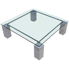 1970s Modernist Travertine Coffee Table with Floating Glass Top