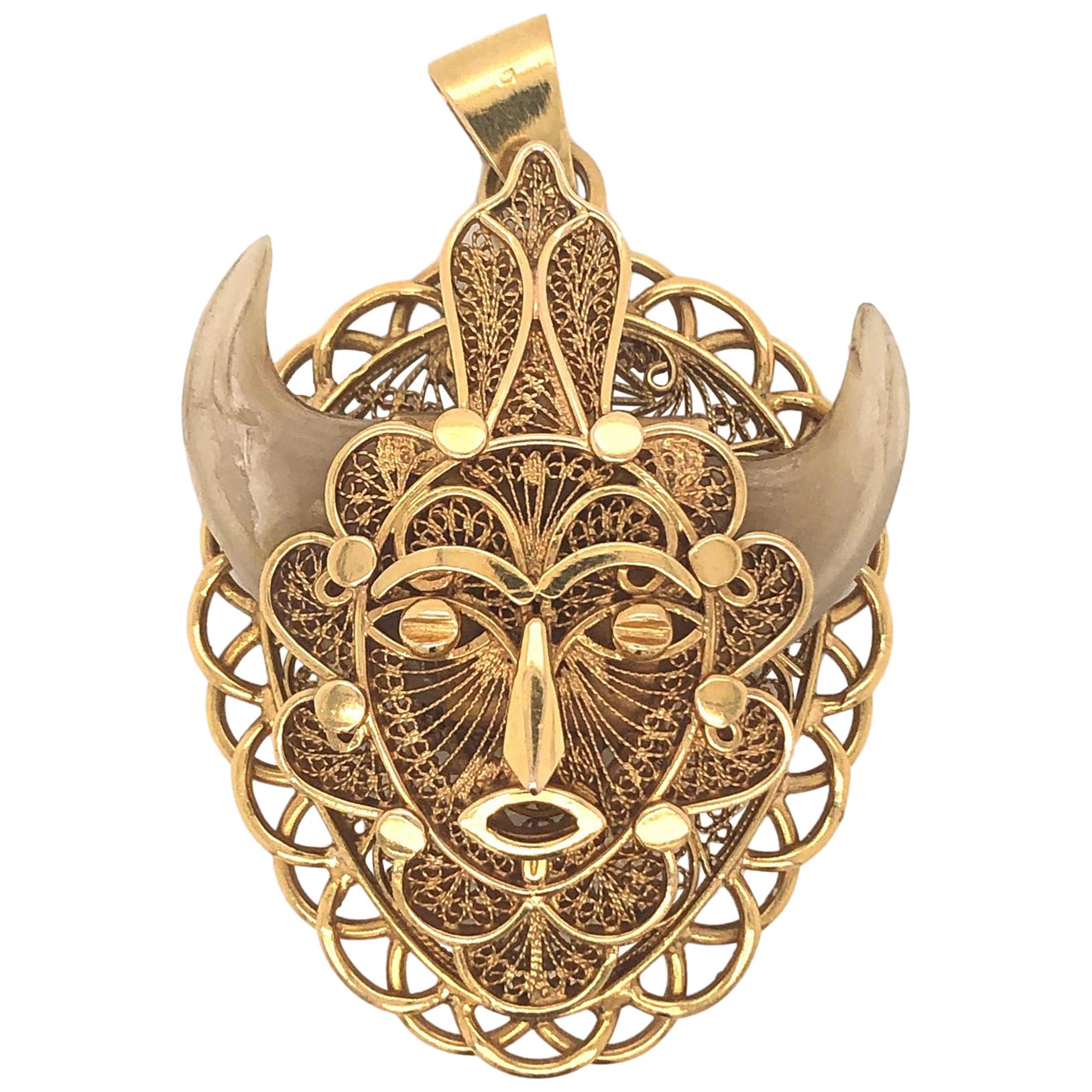 1970s Modernist "Tribal" Mask Style Horn and Gold Pendant For Sale