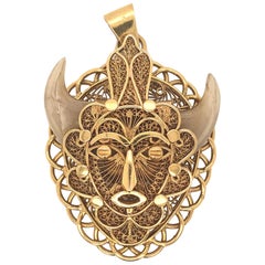 1970s Modernist "Tribal" Mask Style Horn and Gold Pendant