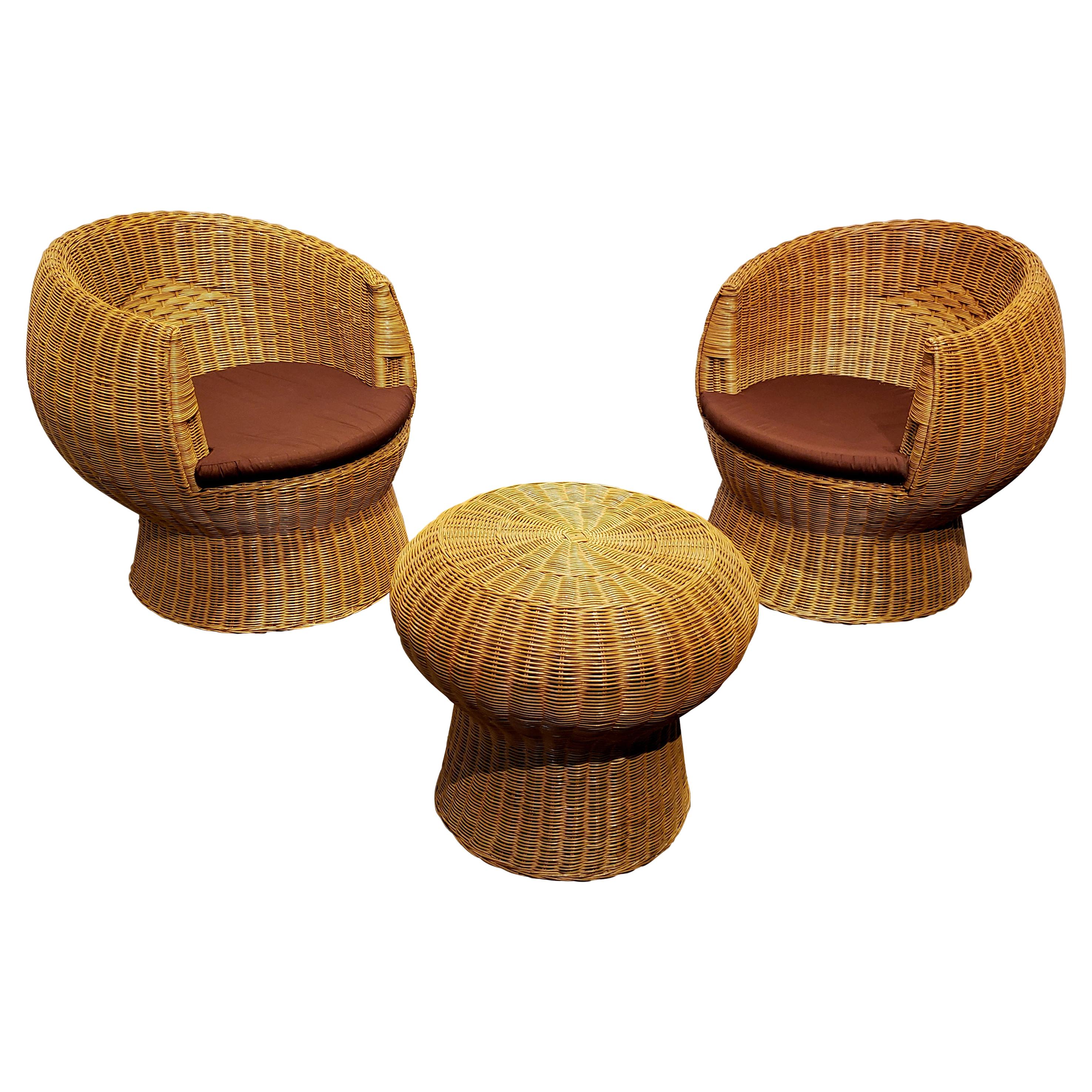 1970s Modernist Wicker Patio Set with Two Lounge Chairs and One Side Table