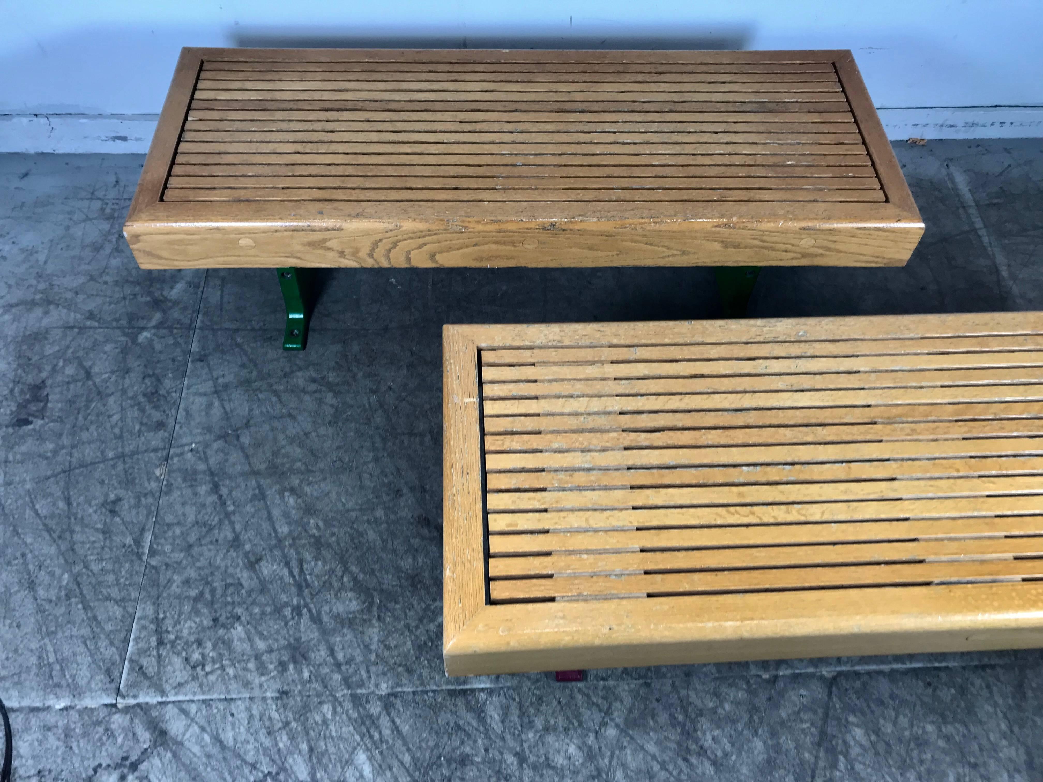 American 1970s Modernist Wood and Cast Iron Architectural Garden, Gallery Benches