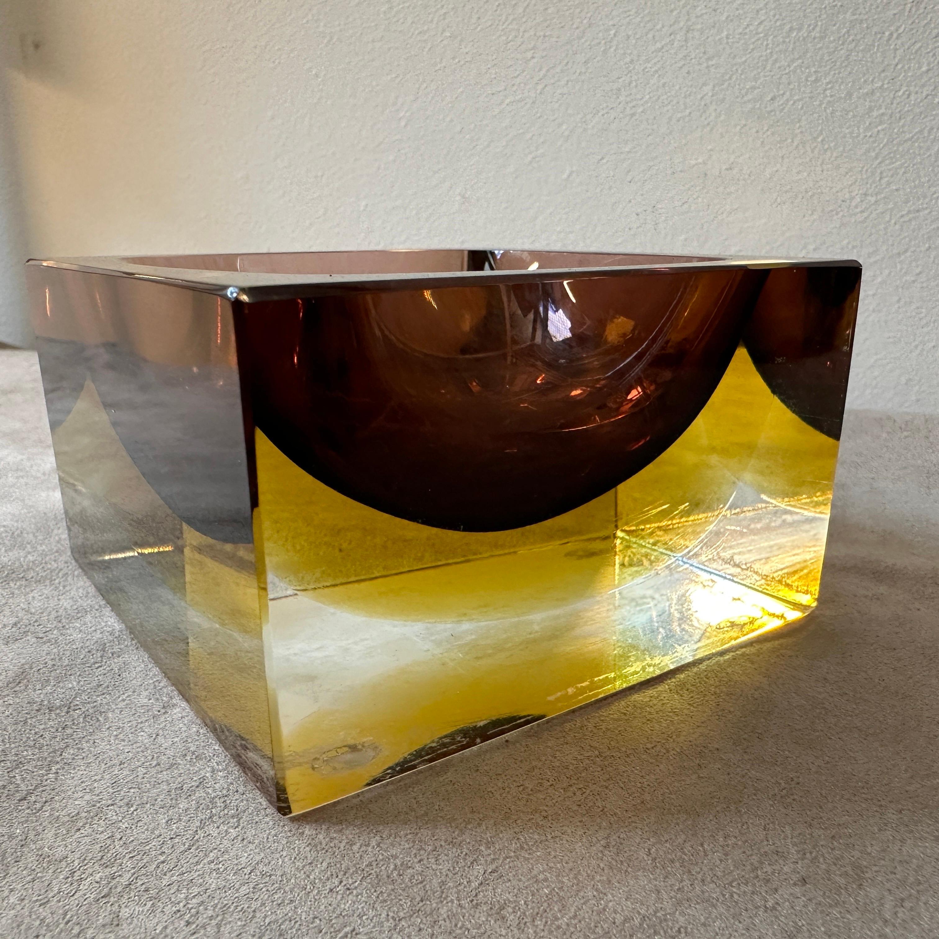 Mid-Century Modern 1970s Modernist Yellow and Brown Sommerso Murano Glass Ashtray by Mandruzzato For Sale