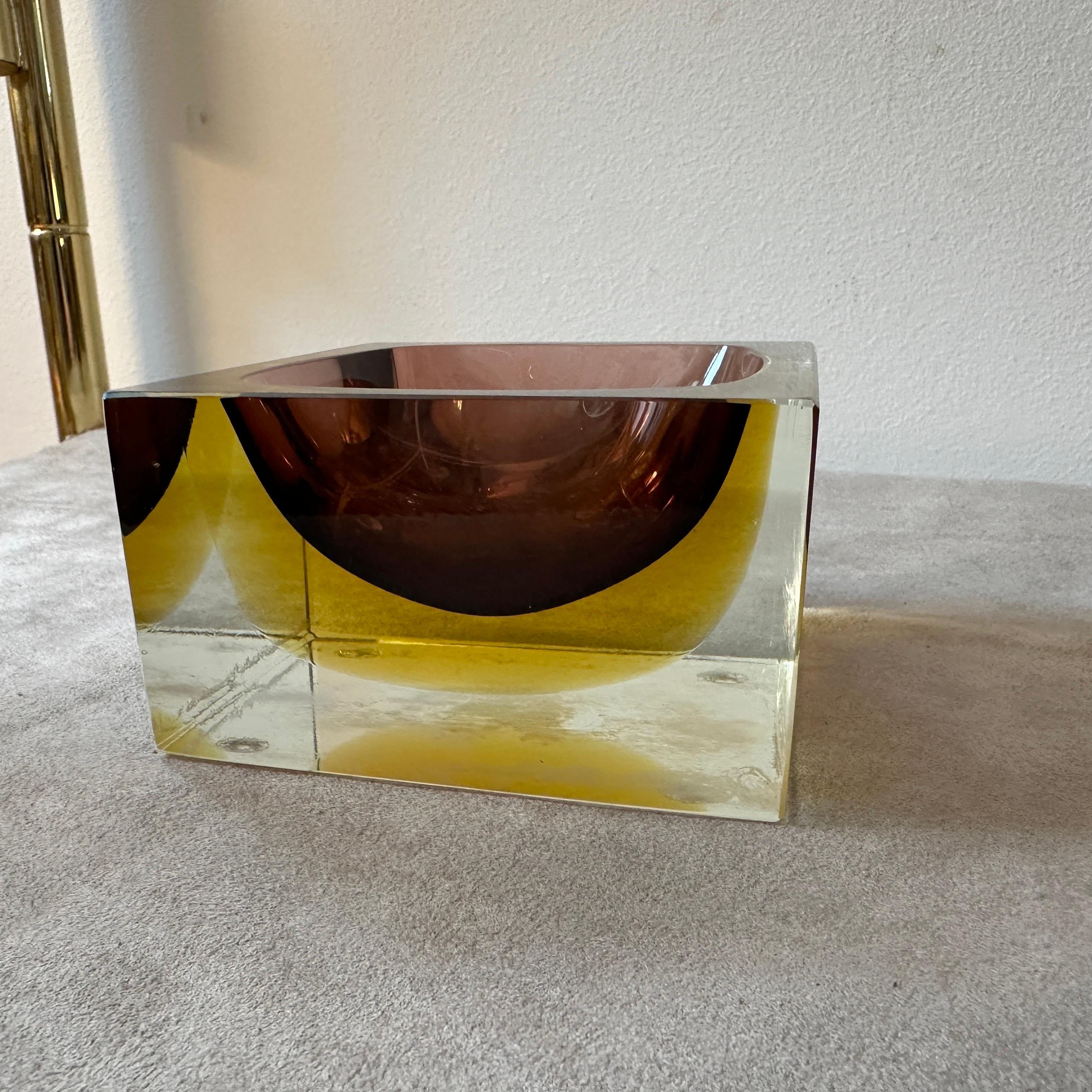 Italian 1970s Modernist Yellow and Brown Sommerso Murano Glass Ashtray by Mandruzzato For Sale