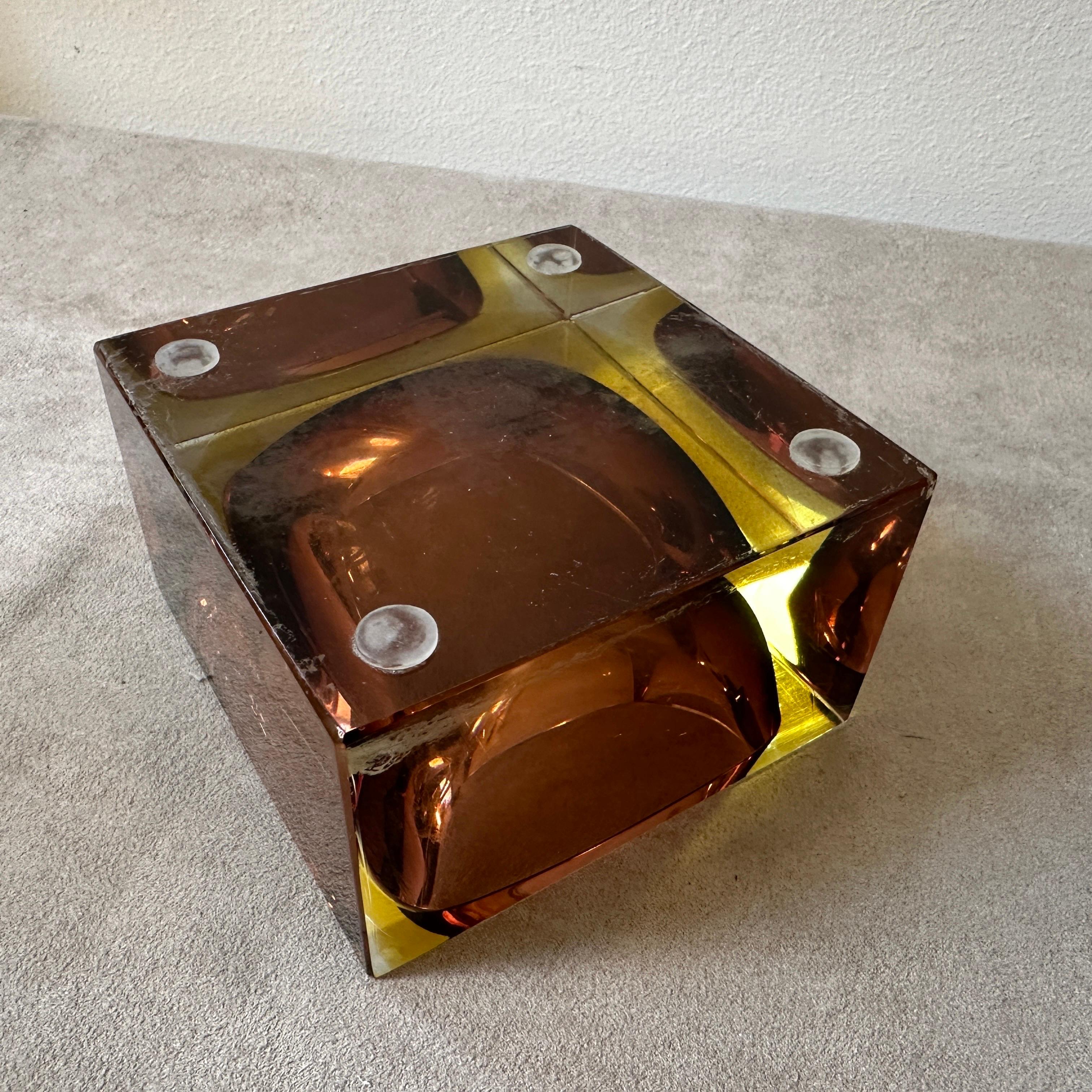 1970s Modernist Yellow and Brown Sommerso Murano Glass Ashtray by Mandruzzato For Sale 1