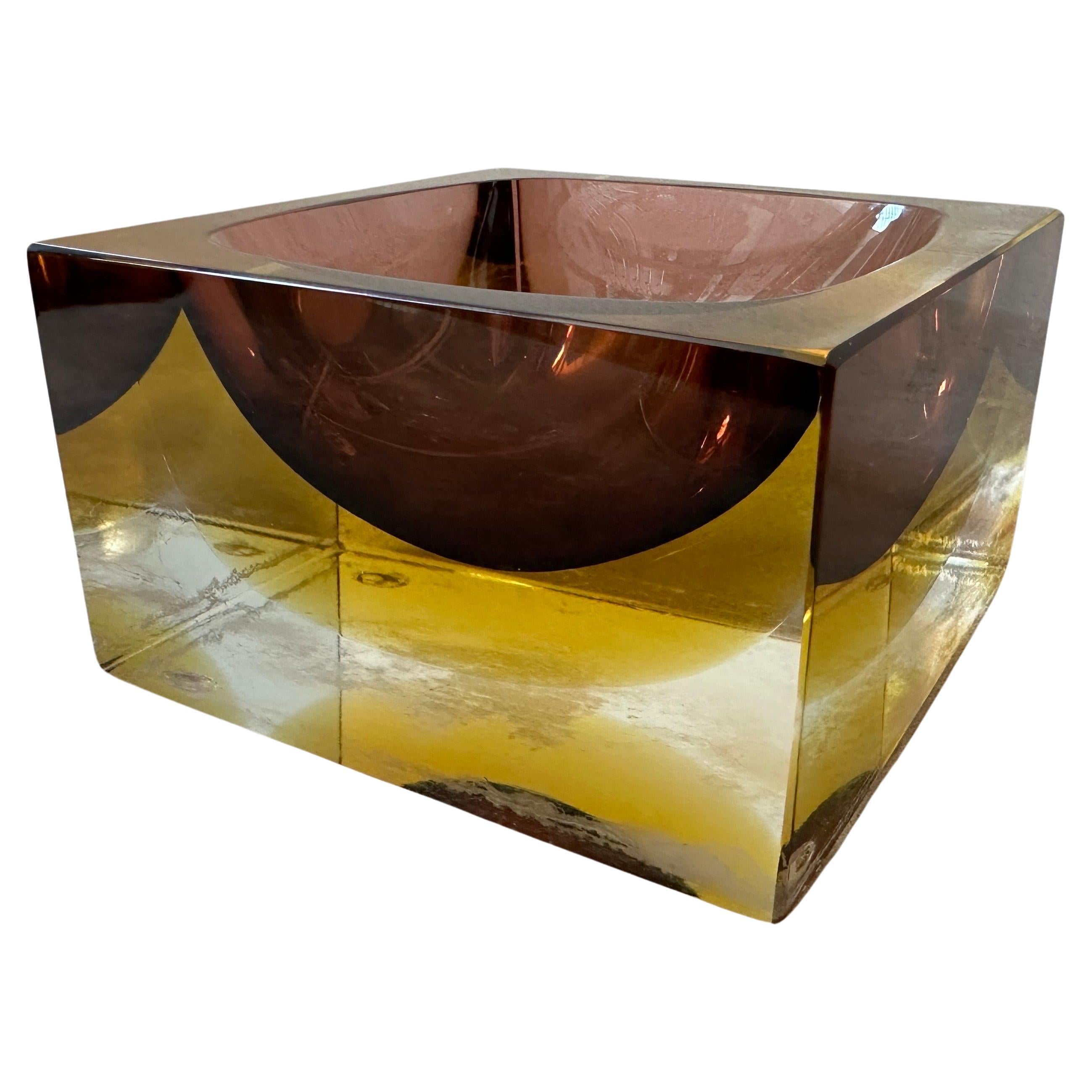 1970s Modernist Yellow and Brown Sommerso Murano Glass Ashtray by Mandruzzato For Sale