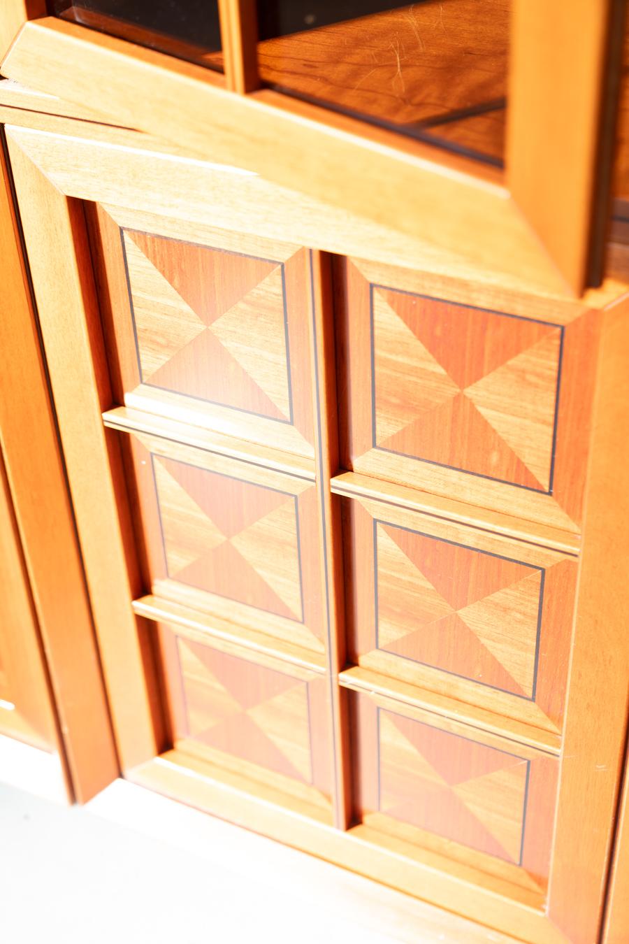 1970s Modular Corner Cabinet in Cherrywood with Glass and Carved Doors - 