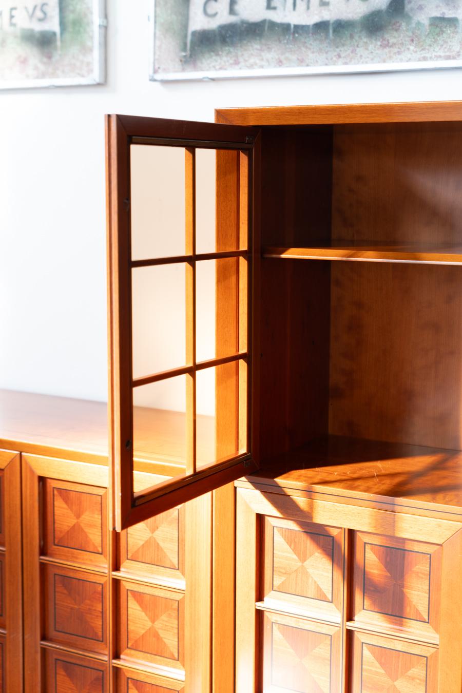 1970s Modular Corner Cabinet in Cherrywood with Glass and Carved Doors - 