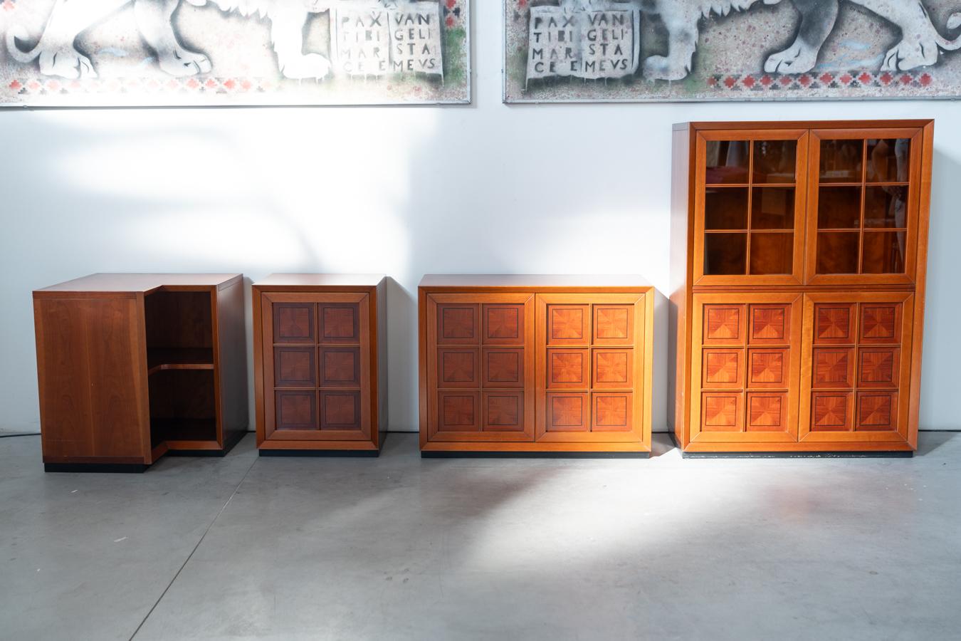 1970s Modular Corner Cabinet in Cherrywood with Glass and Carved Doors - 