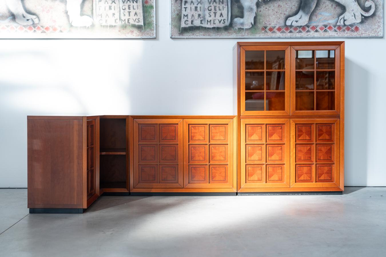 1970s Modular Corner Cabinet in Cherrywood with Glass and Carved Doors - 