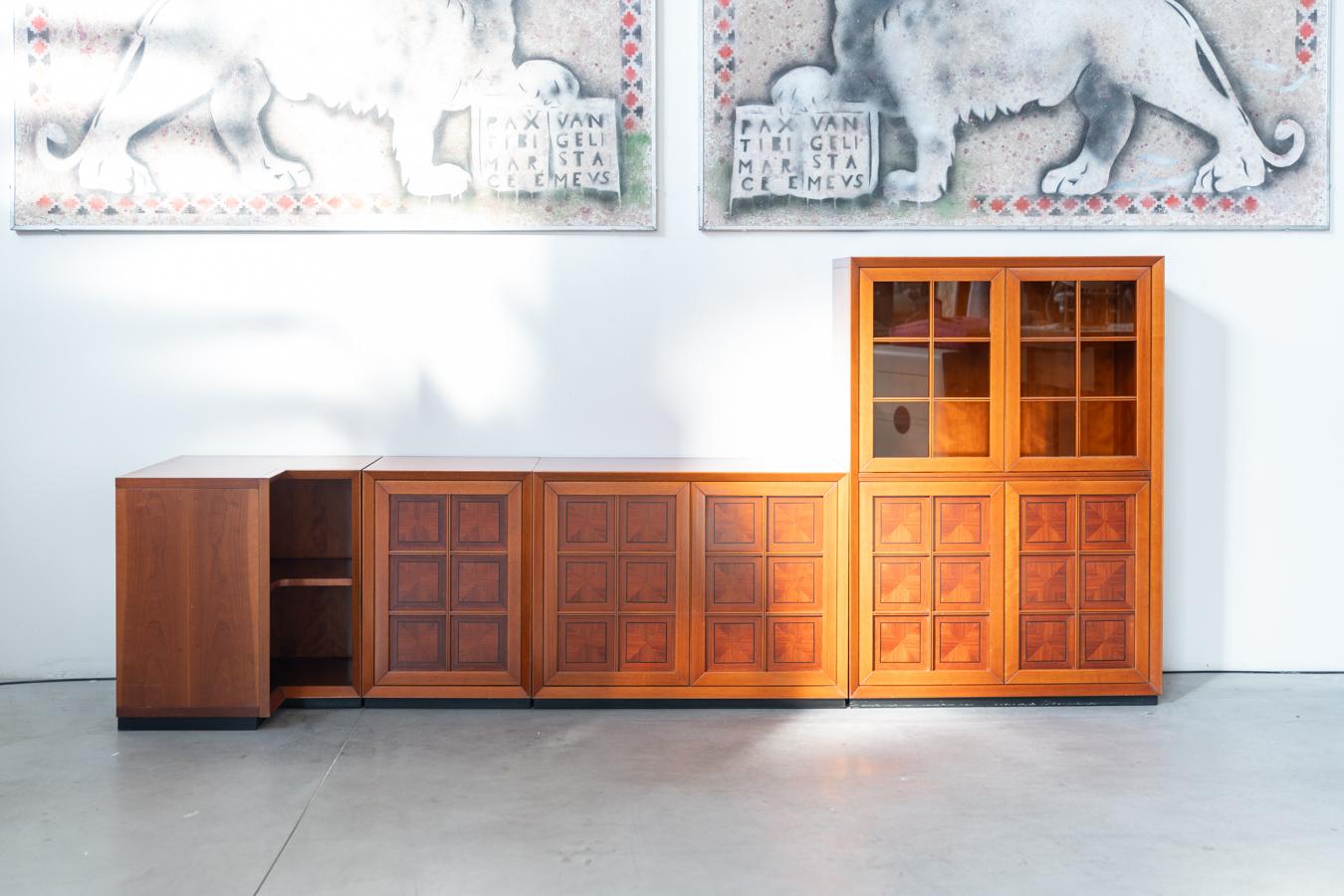 1970s Modular Corner Cabinet in Cherrywood with Glass and Carved Doors - 
