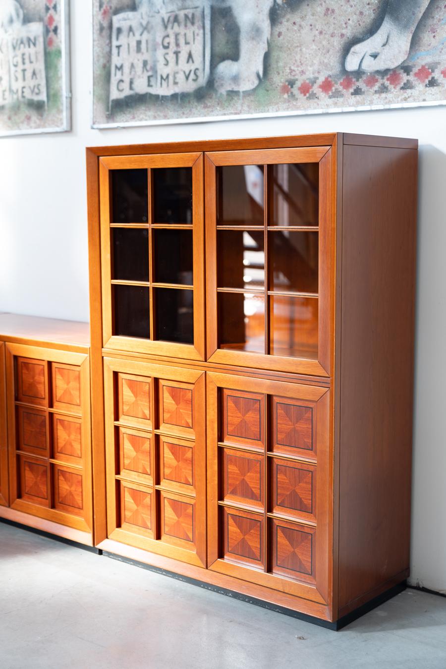 Italian 1970s Modular Corner Cabinet in Cherrywood with Glass and Carved Doors - 