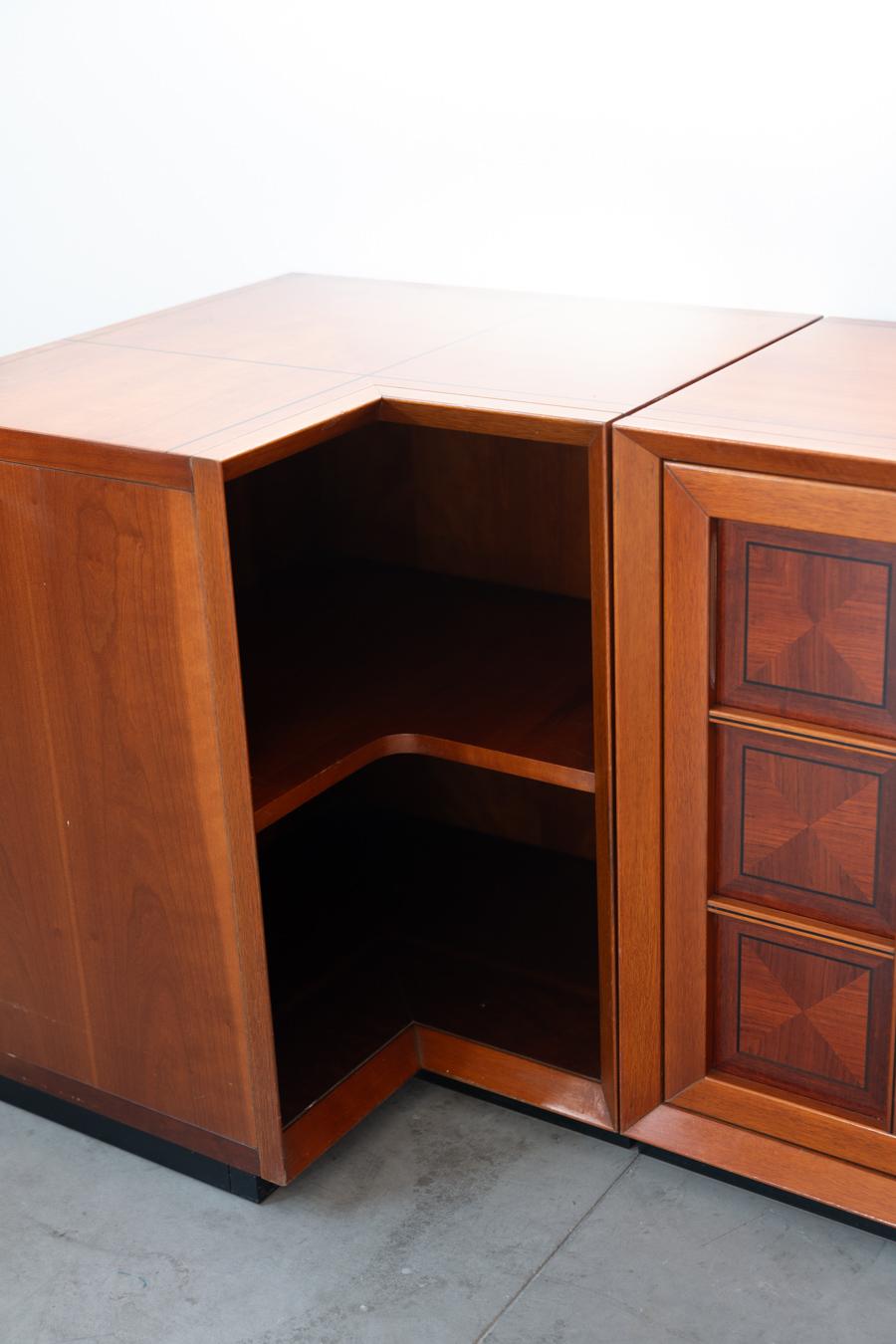 1970s Modular Corner Cabinet in Cherrywood with Glass and Carved Doors - 