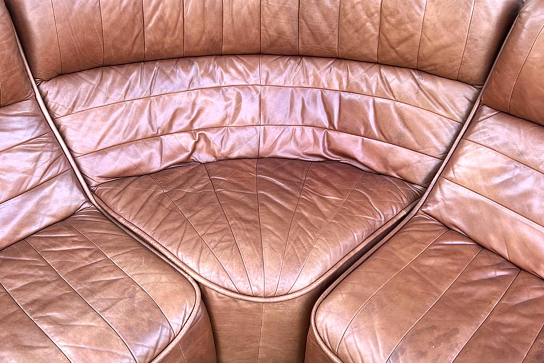 German 1970s Modular Leather Sofa in Cognac Leather For Sale