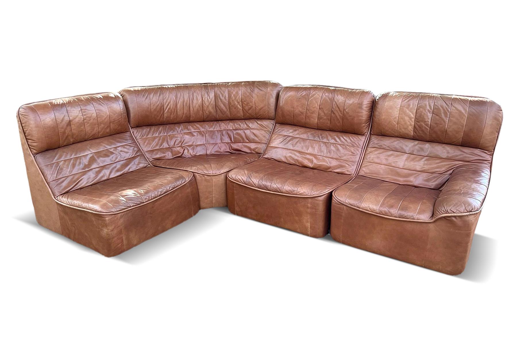 1970s Modular Leather Sofa in Cognac Leather In Good Condition For Sale In Berkeley, CA