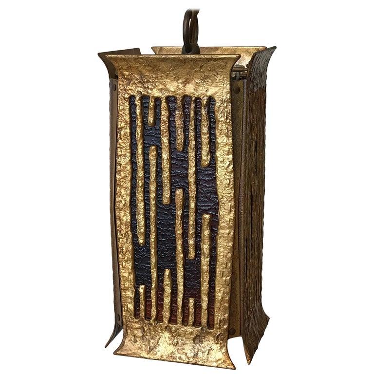 Glass 1970s Moe Bridges Brutalist Brass Metal Pendant Chandelier