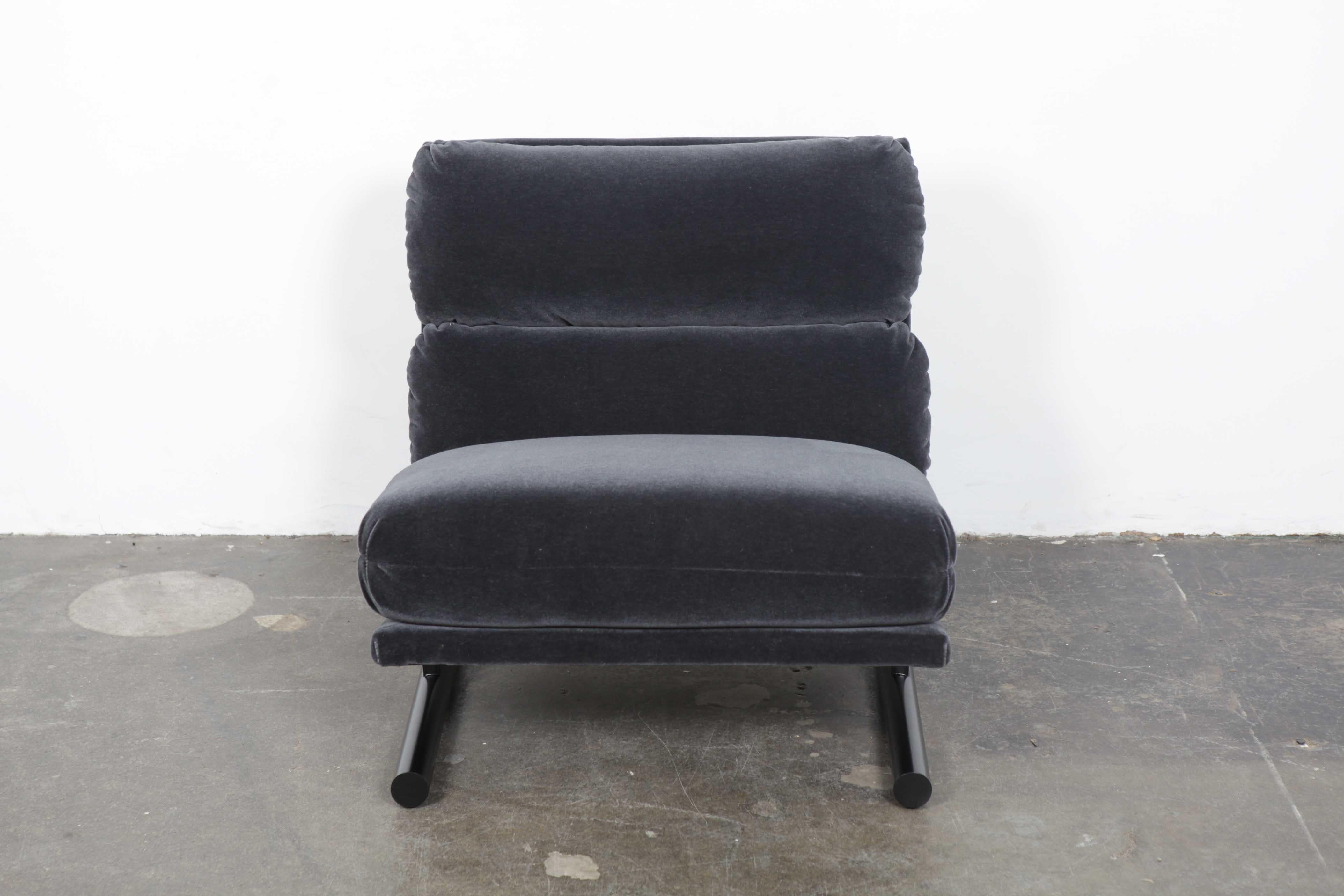 Very unique and comfortable American made 1970s scoop style lounge chair, newly upholstered in a dark grey mohair with newly powder coated matte black metal sleigh legs.