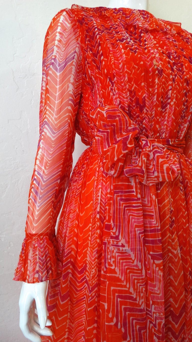1970s Mollie Parnis Bohemian Maxi Dress with Long Sleeves