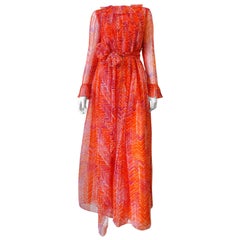 1970s Mollie Parnis Asymmetrical Abstract Motif Maxi Dress