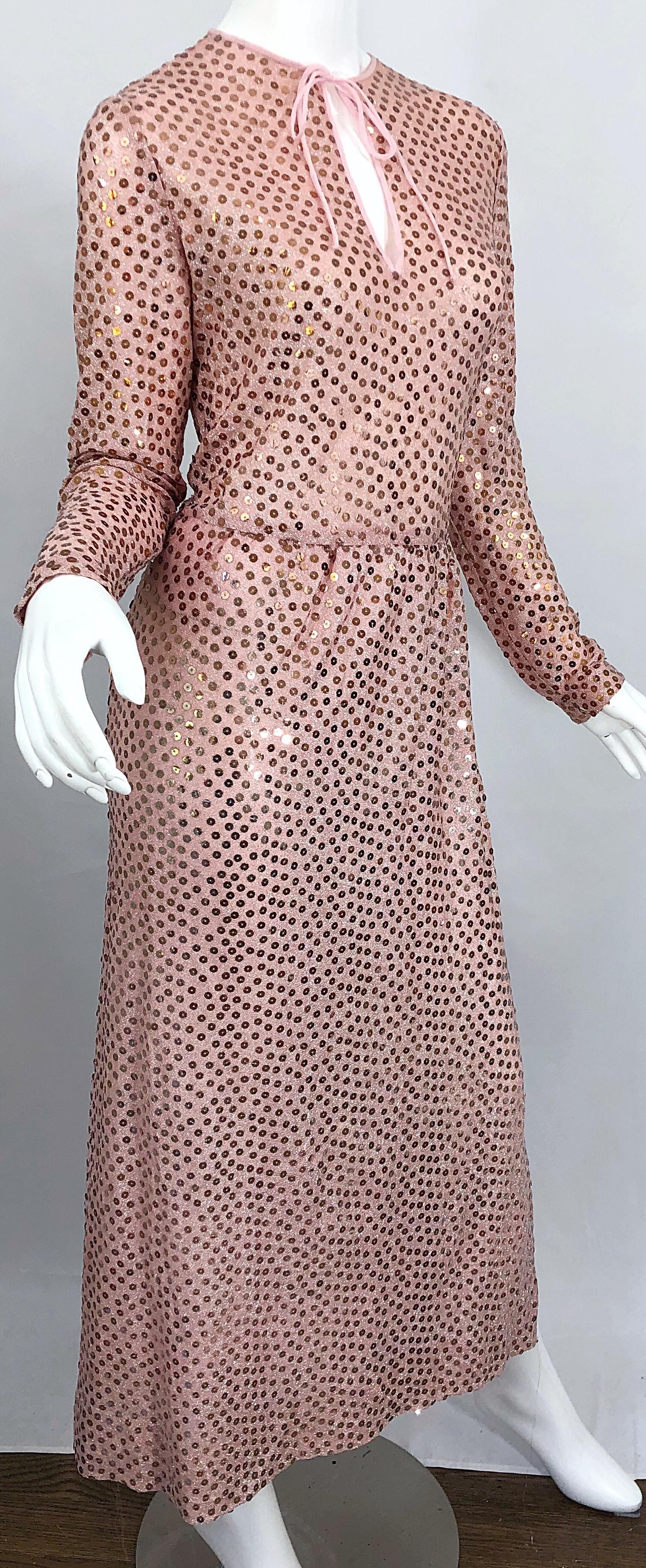 1970s Mollie Parnis Pink Lurex Rose Gold Sequined Long Sleeve Vintage 70s Gown 2