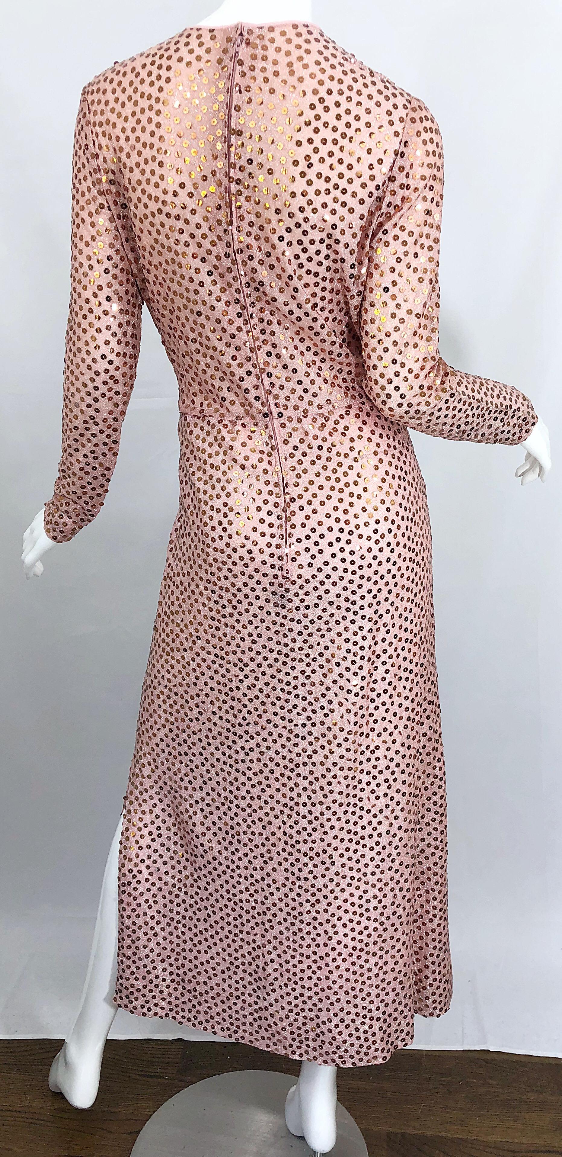 1970s Mollie Parnis Pink Lurex Rose Gold Sequined Long Sleeve Vintage 70s Gown 3