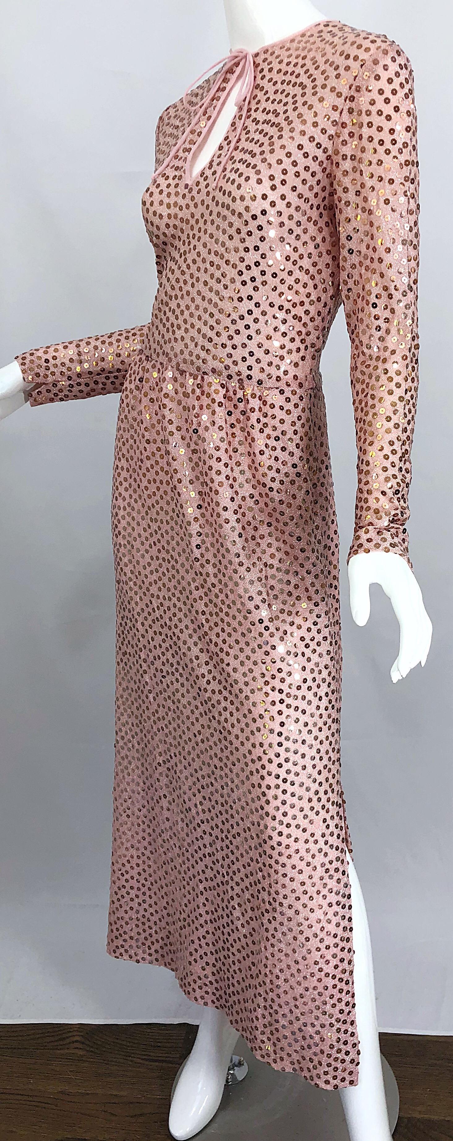 1970s Mollie Parnis Pink Lurex Rose Gold Sequined Long Sleeve Vintage 70s Gown 4