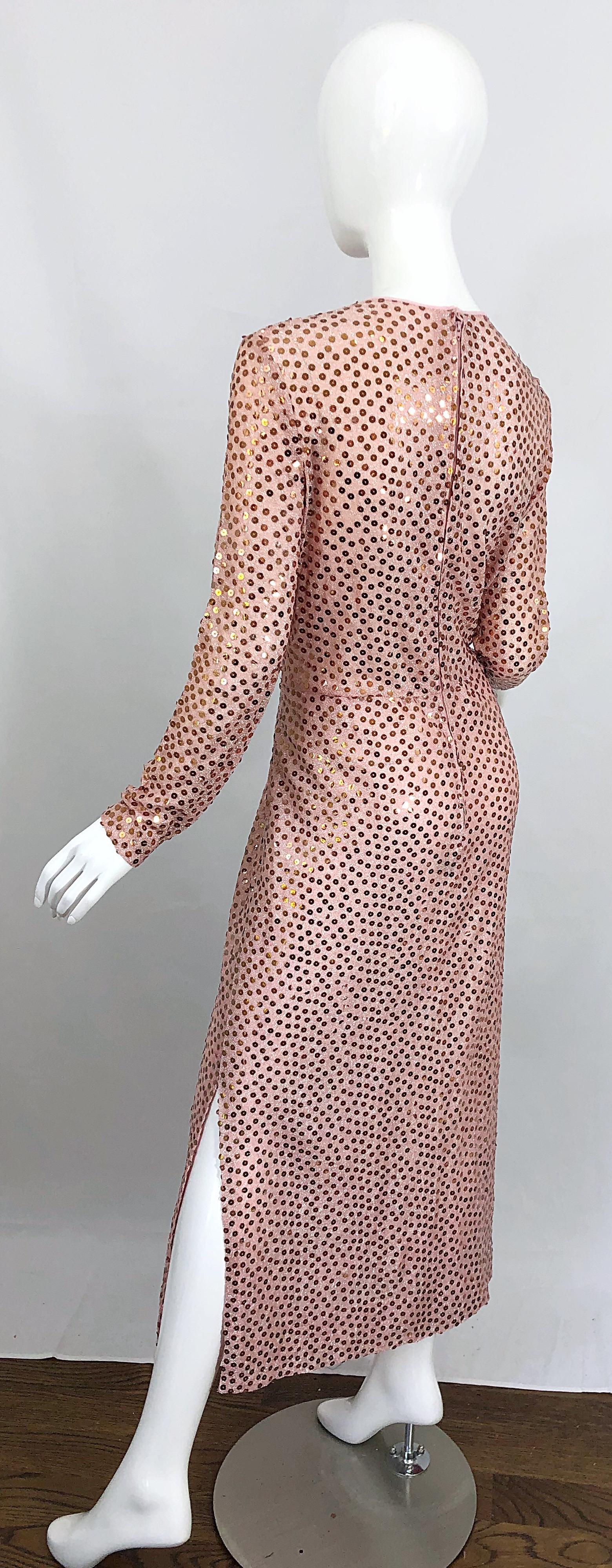 1970s Mollie Parnis Pink Lurex Rose Gold Sequined Long Sleeve Vintage 70s Gown 5