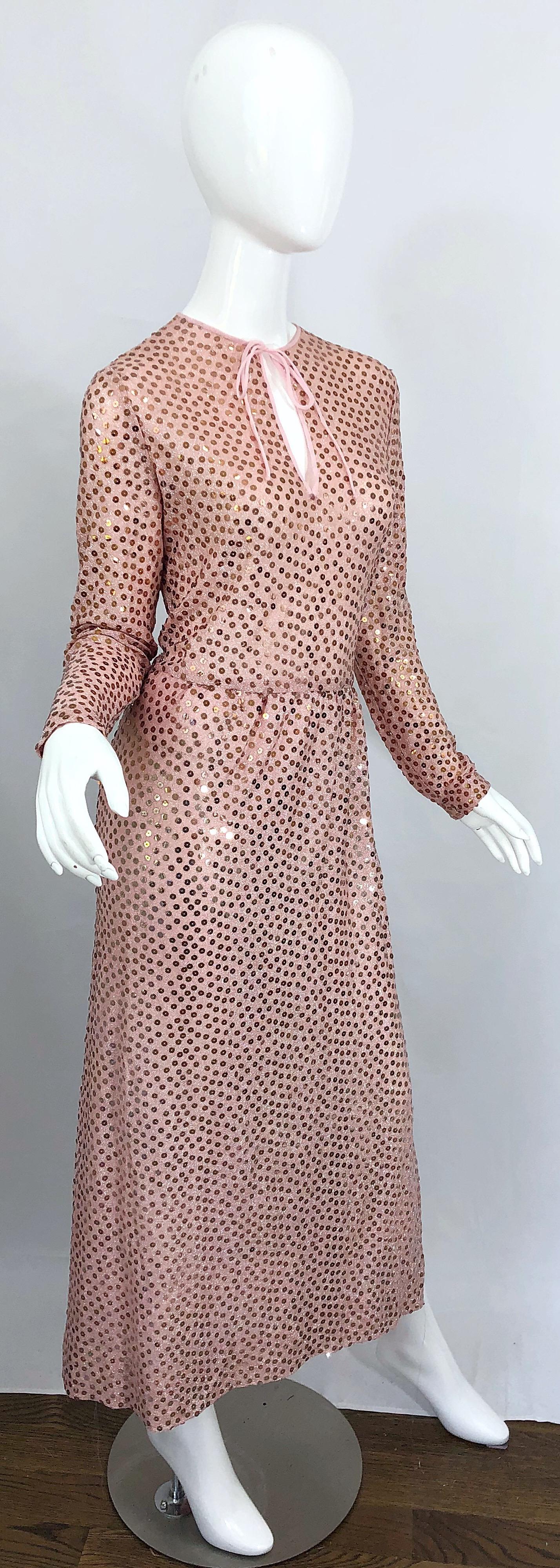 1970s Mollie Parnis Pink Lurex Rose Gold Sequined Long Sleeve Vintage 70s Gown 6