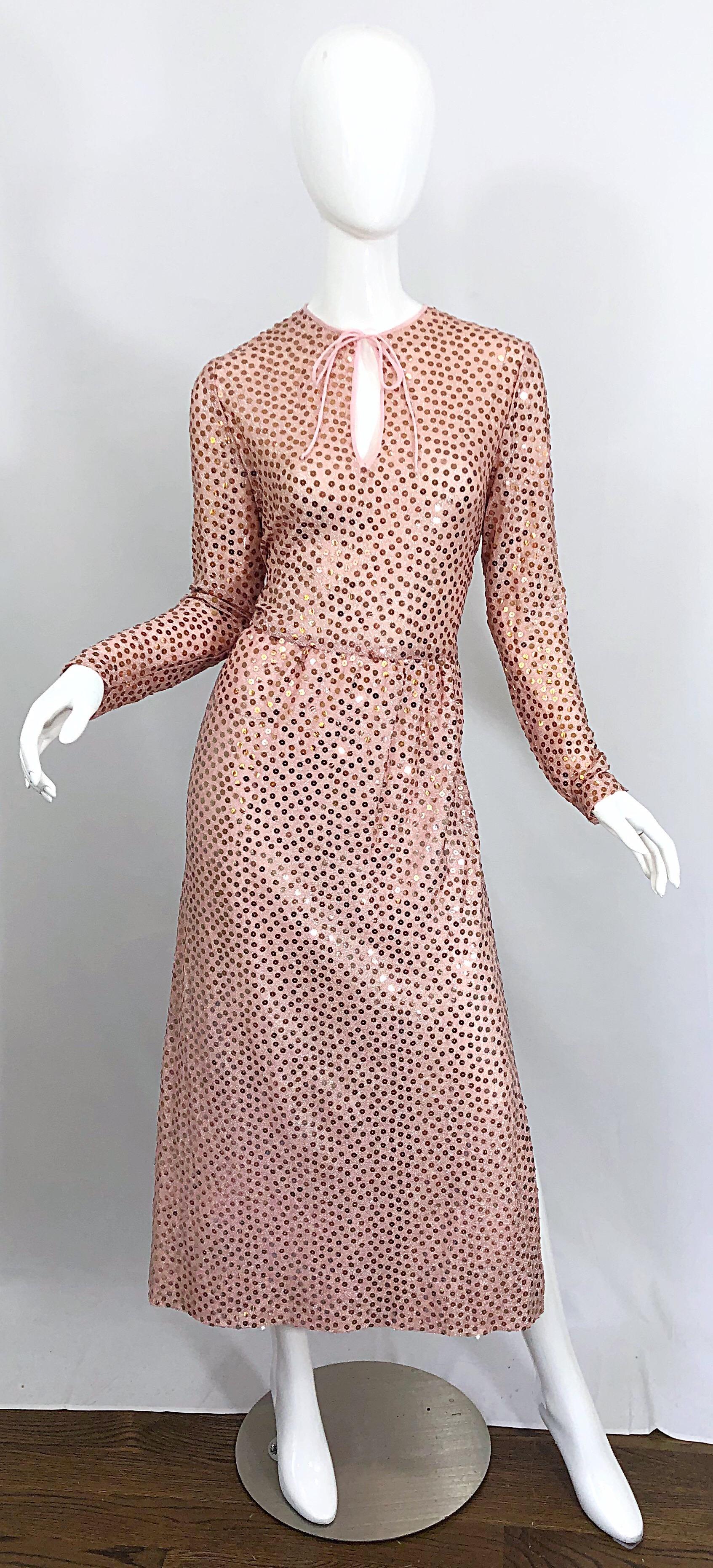 1970s Mollie Parnis Pink Lurex Rose Gold Sequined Long Sleeve Vintage 70s Gown 7