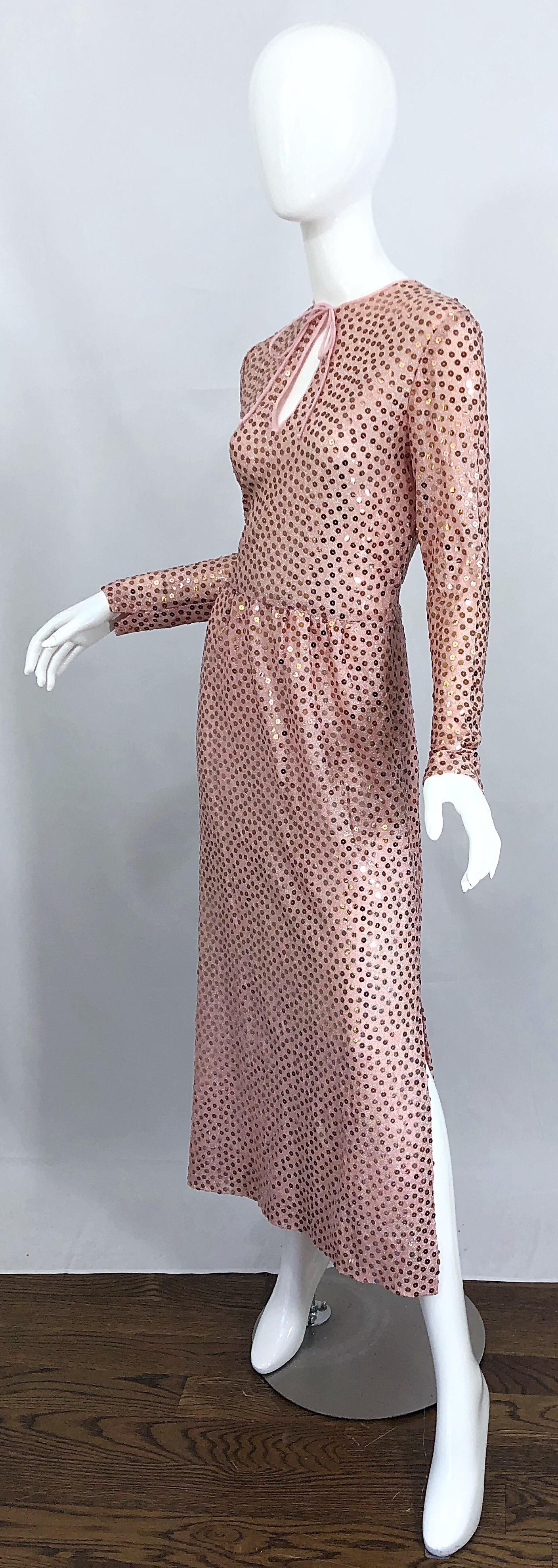 Brown 1970s Mollie Parnis Pink Lurex Rose Gold Sequined Long Sleeve Vintage 70s Gown