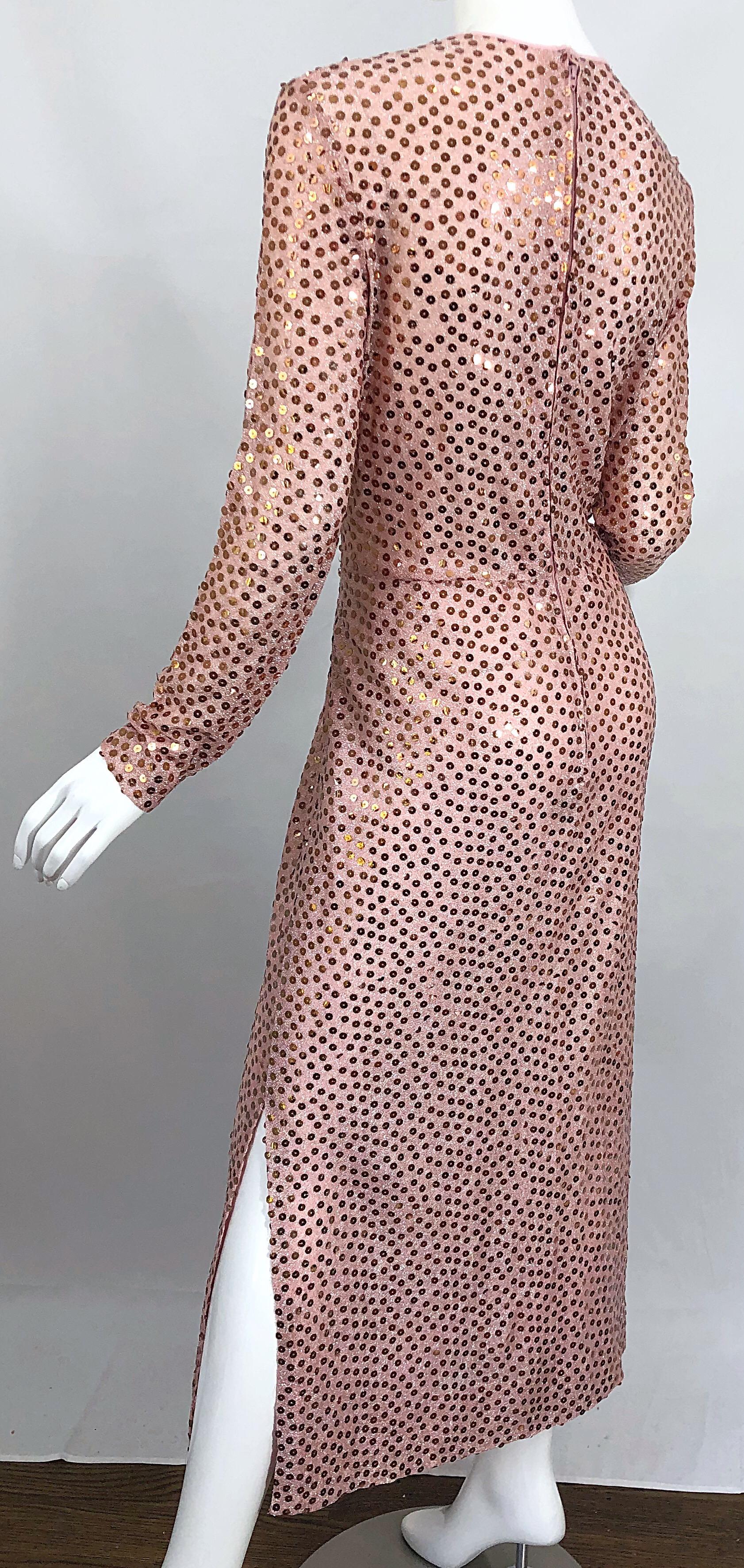 1970s Mollie Parnis Pink Lurex Rose Gold Sequined Long Sleeve Vintage 70s Gown In Excellent Condition In San Diego, CA