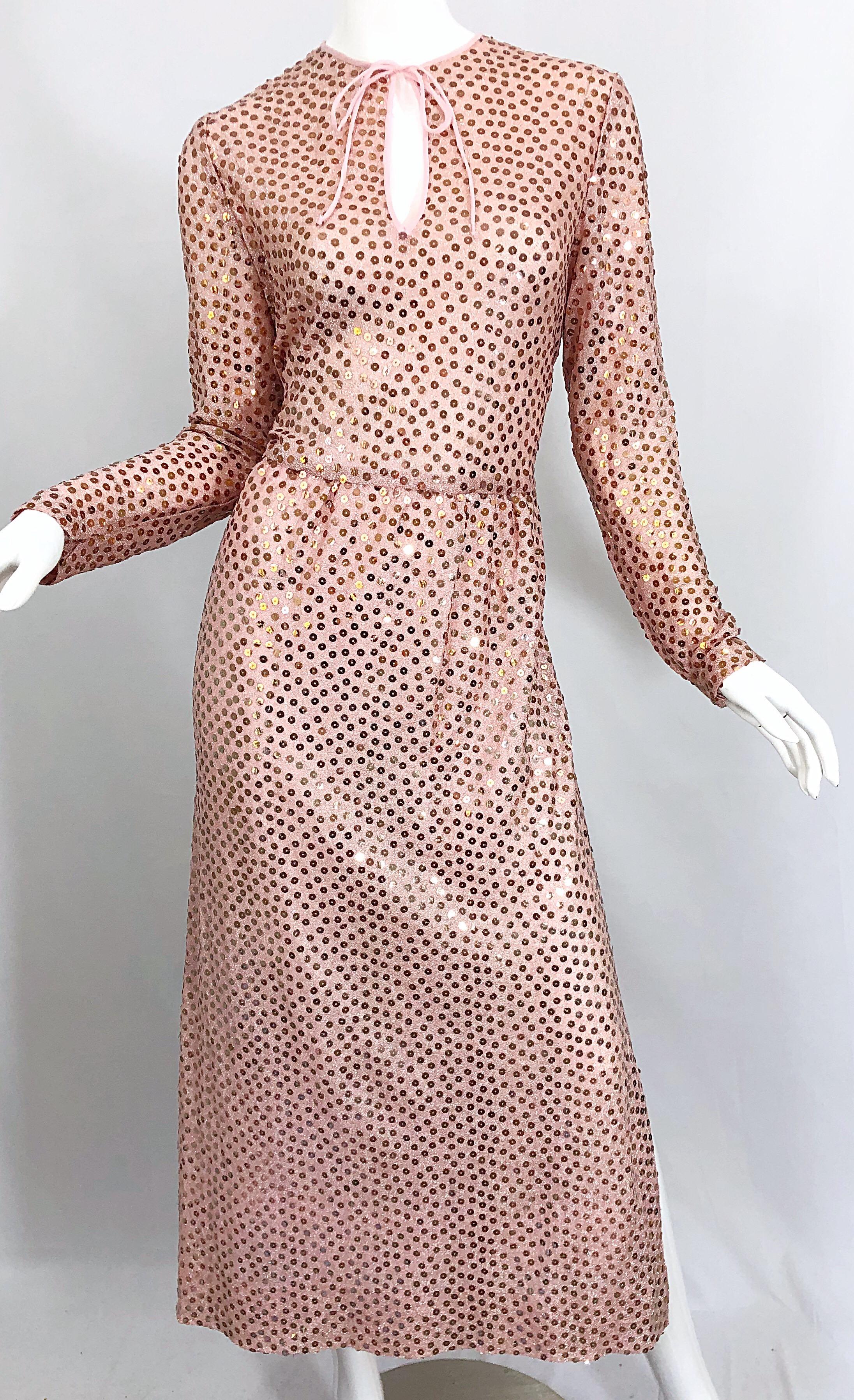 Women's 1970s Mollie Parnis Pink Lurex Rose Gold Sequined Long Sleeve Vintage 70s Gown