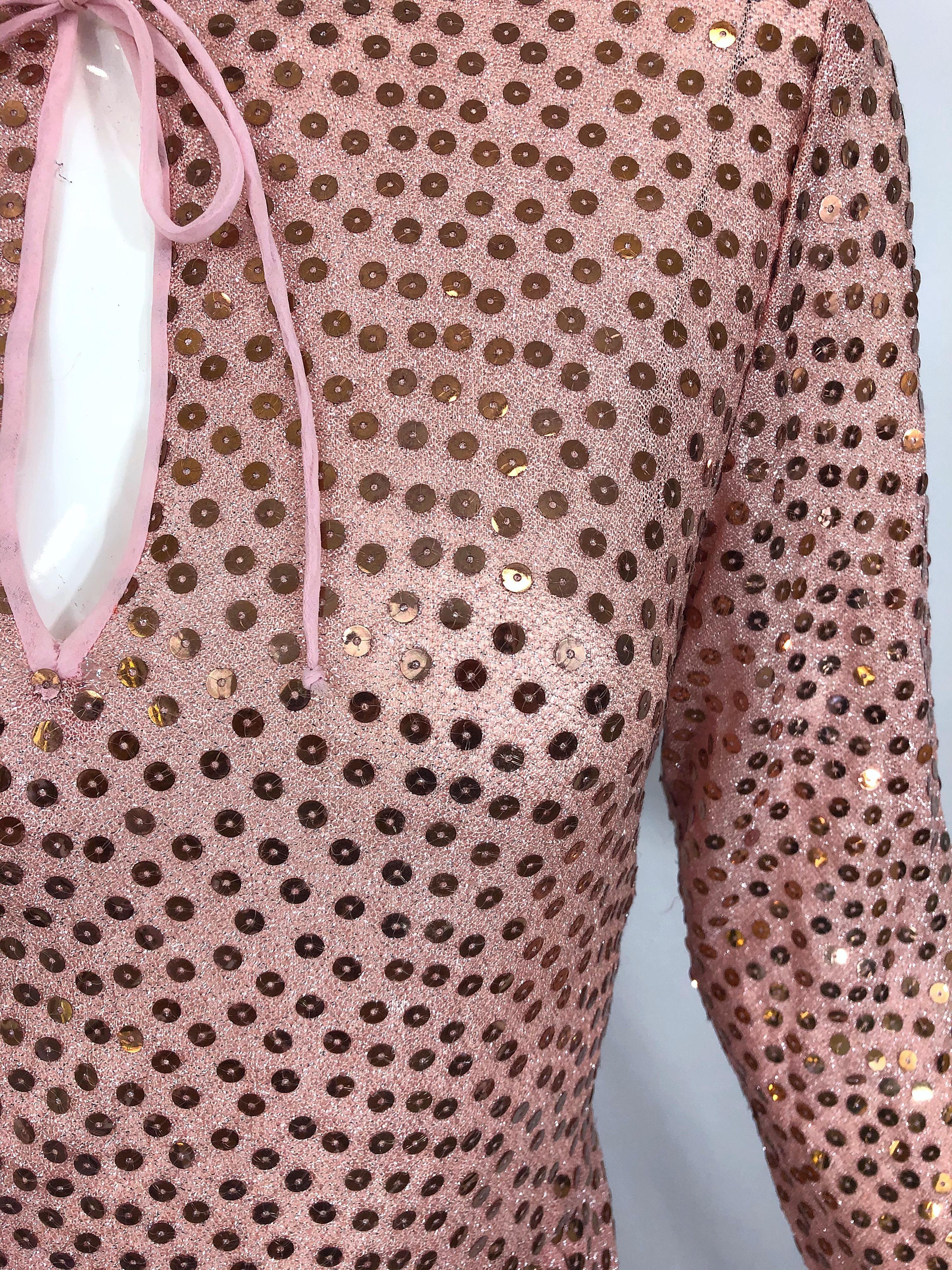 1970s Mollie Parnis Pink Lurex Rose Gold Sequined Long Sleeve Vintage 70s Gown 1
