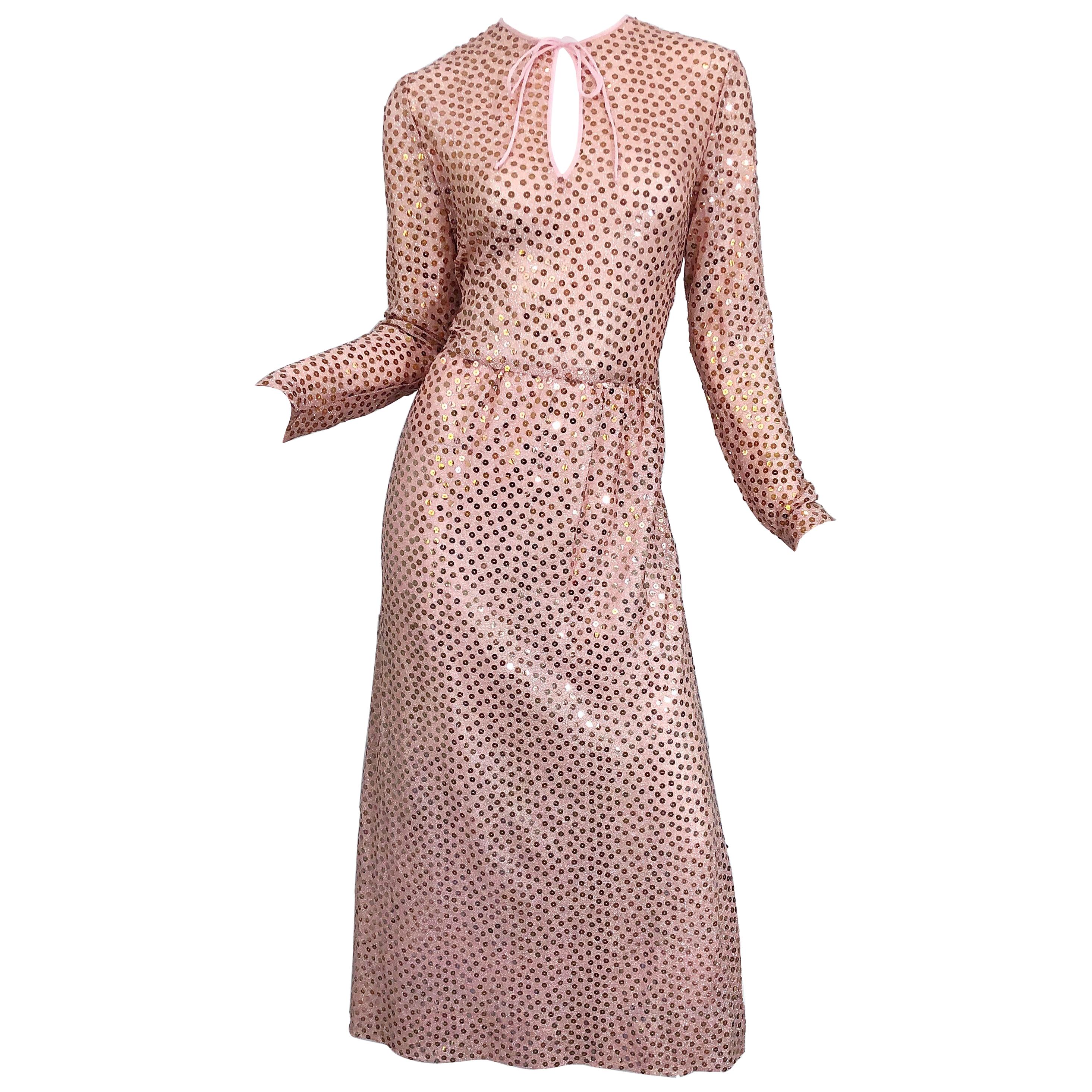 1970s Mollie Parnis Pink Lurex Rose Gold Sequined Long Sleeve Vintage 70s Gown