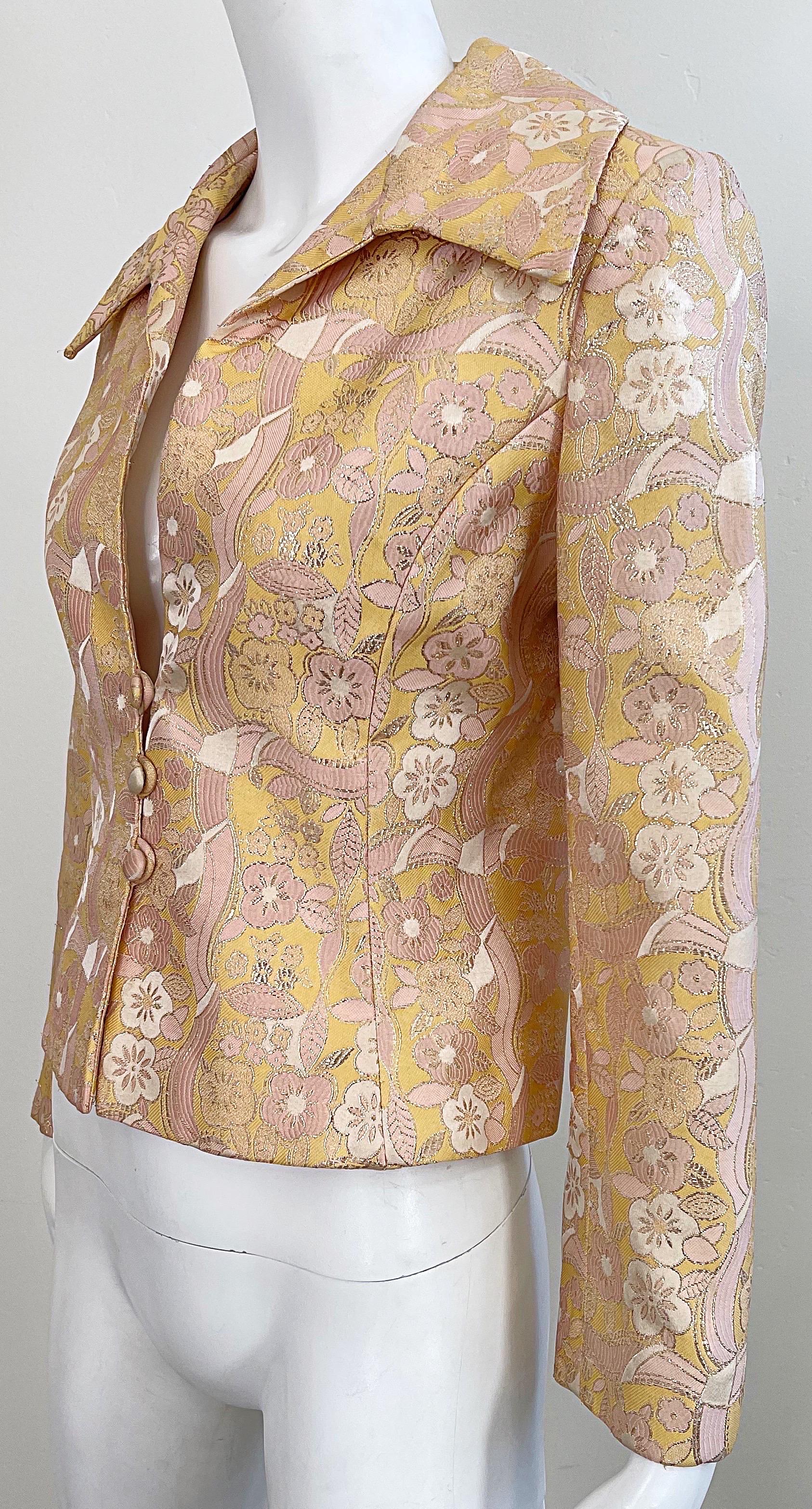 1970s Mollie Parnis Pink + Peach + Gold Silk Brocade Vintage 70s Shirt Jacket  For Sale 3