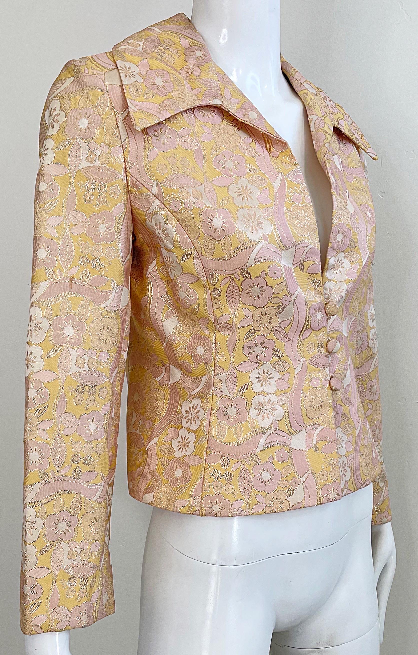 1970s Mollie Parnis Pink + Peach + Gold Silk Brocade Vintage 70s Shirt Jacket  For Sale 6