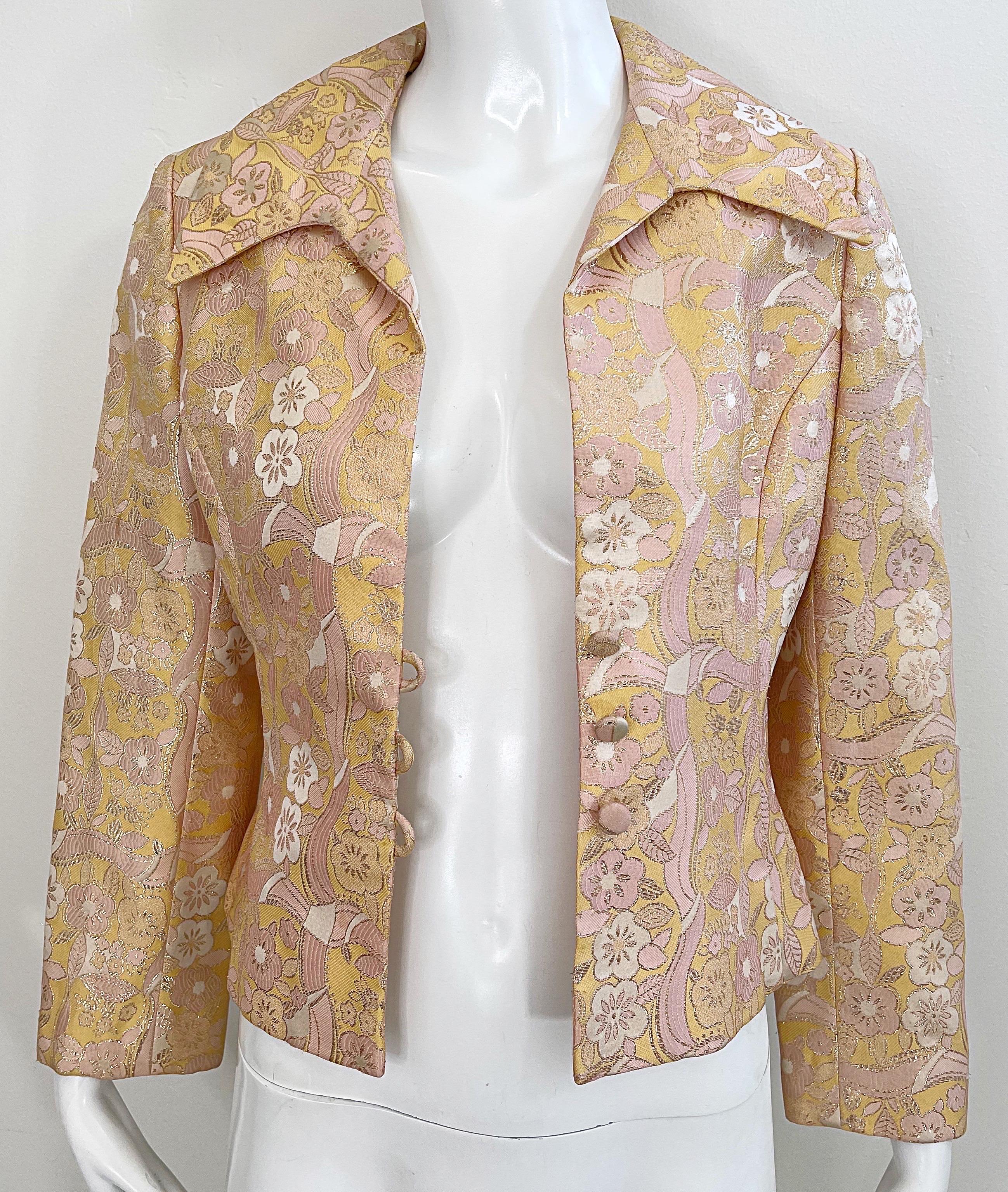 1970s Mollie Parnis Pink + Peach + Gold Silk Brocade Vintage 70s Shirt Jacket For Sale 7