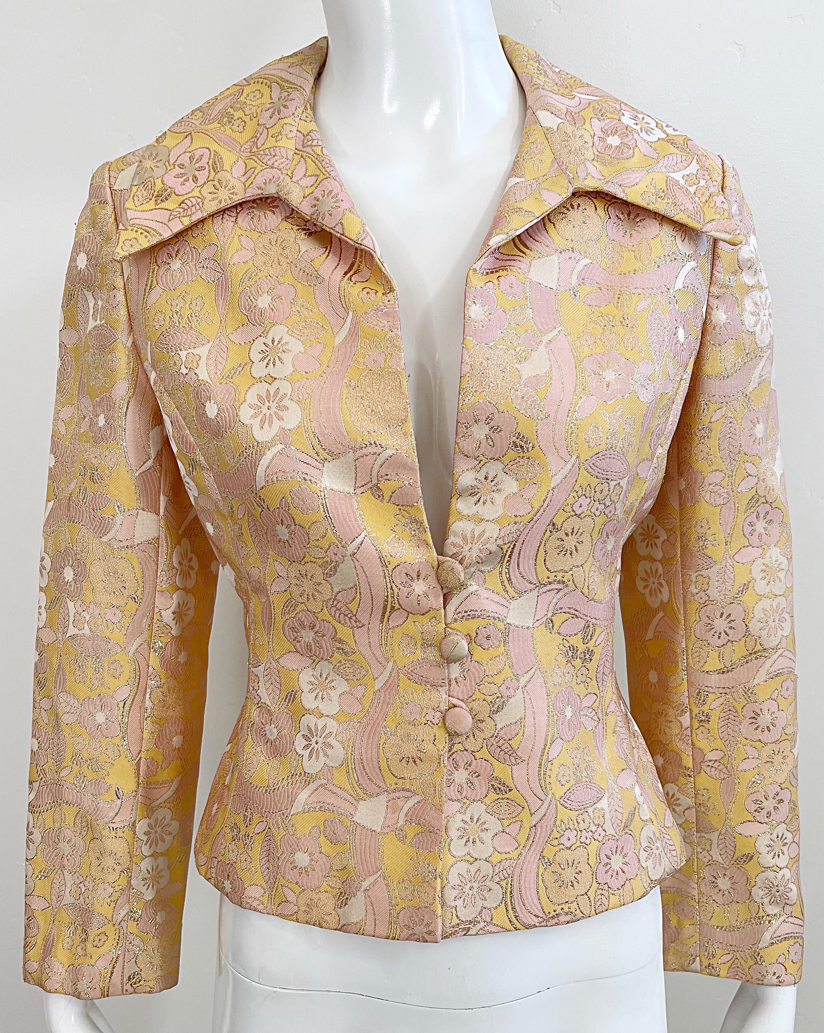 Beige 1970s Mollie Parnis Pink + Peach + Gold Silk Brocade Vintage 70s Shirt Jacket  For Sale