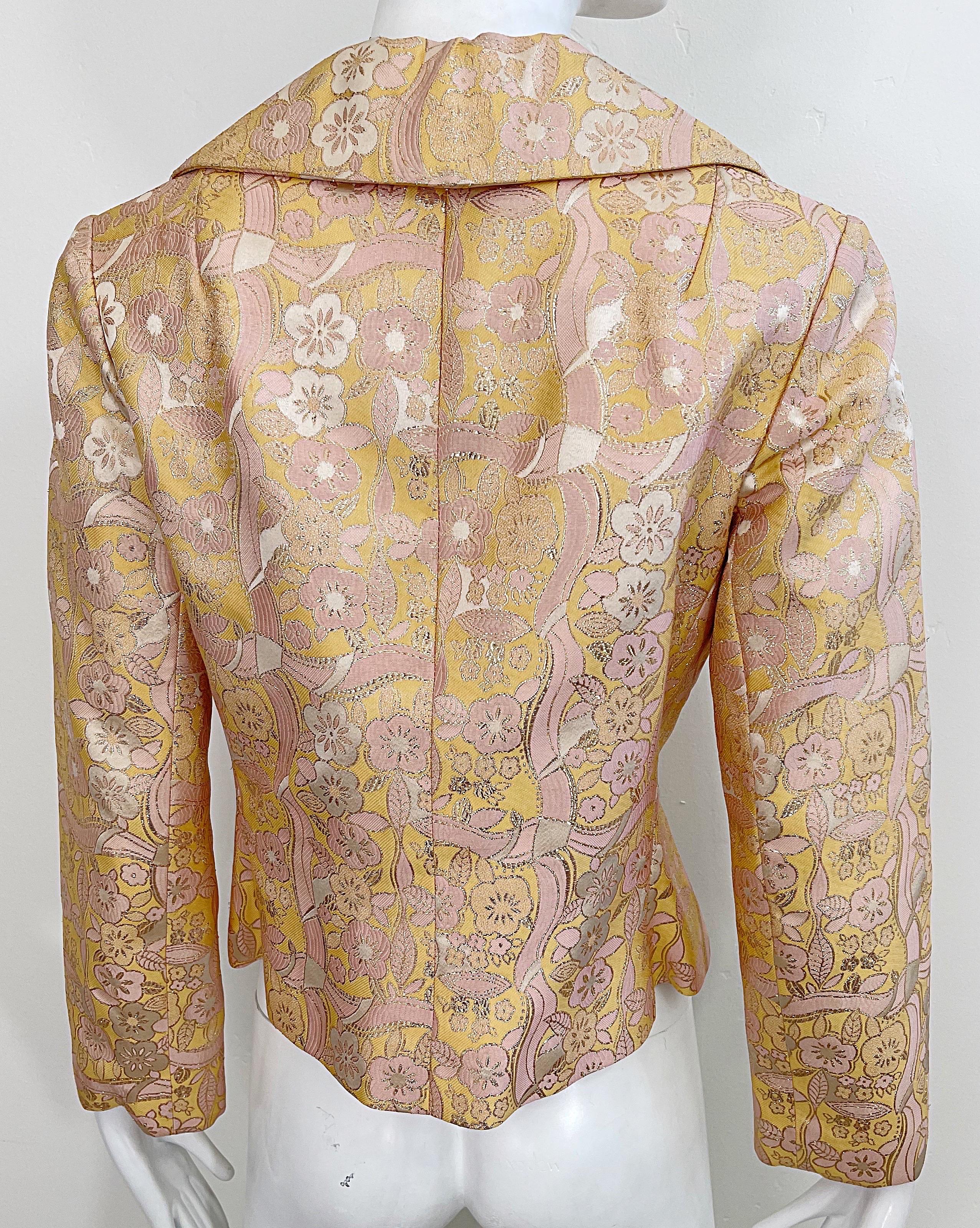 Women's 1970s Mollie Parnis Pink + Peach + Gold Silk Brocade Vintage 70s Shirt Jacket  For Sale
