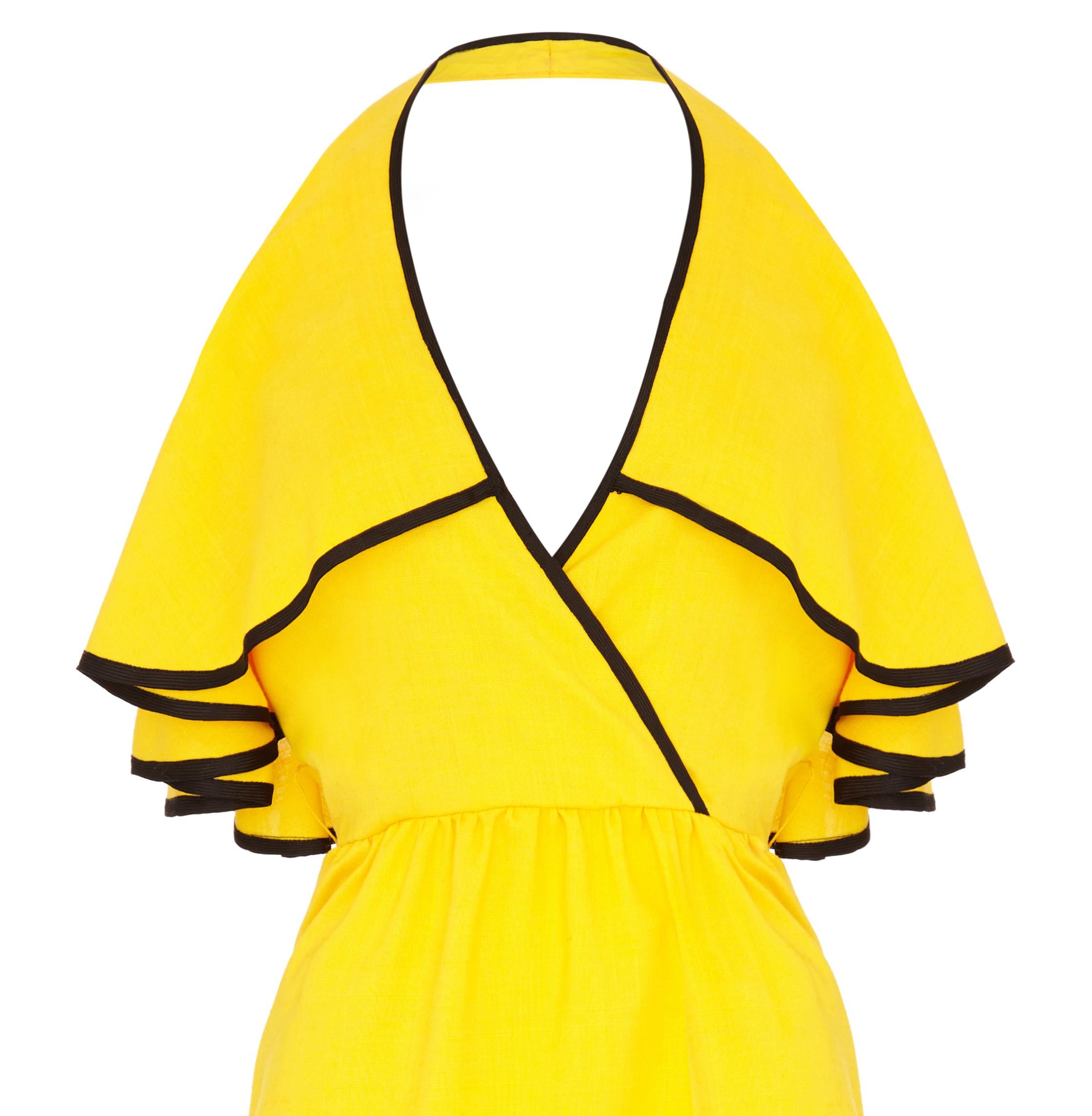1970s Mollie Parnis Yellow & Black Halterneck Ruffle Dress In Excellent Condition For Sale In London, GB