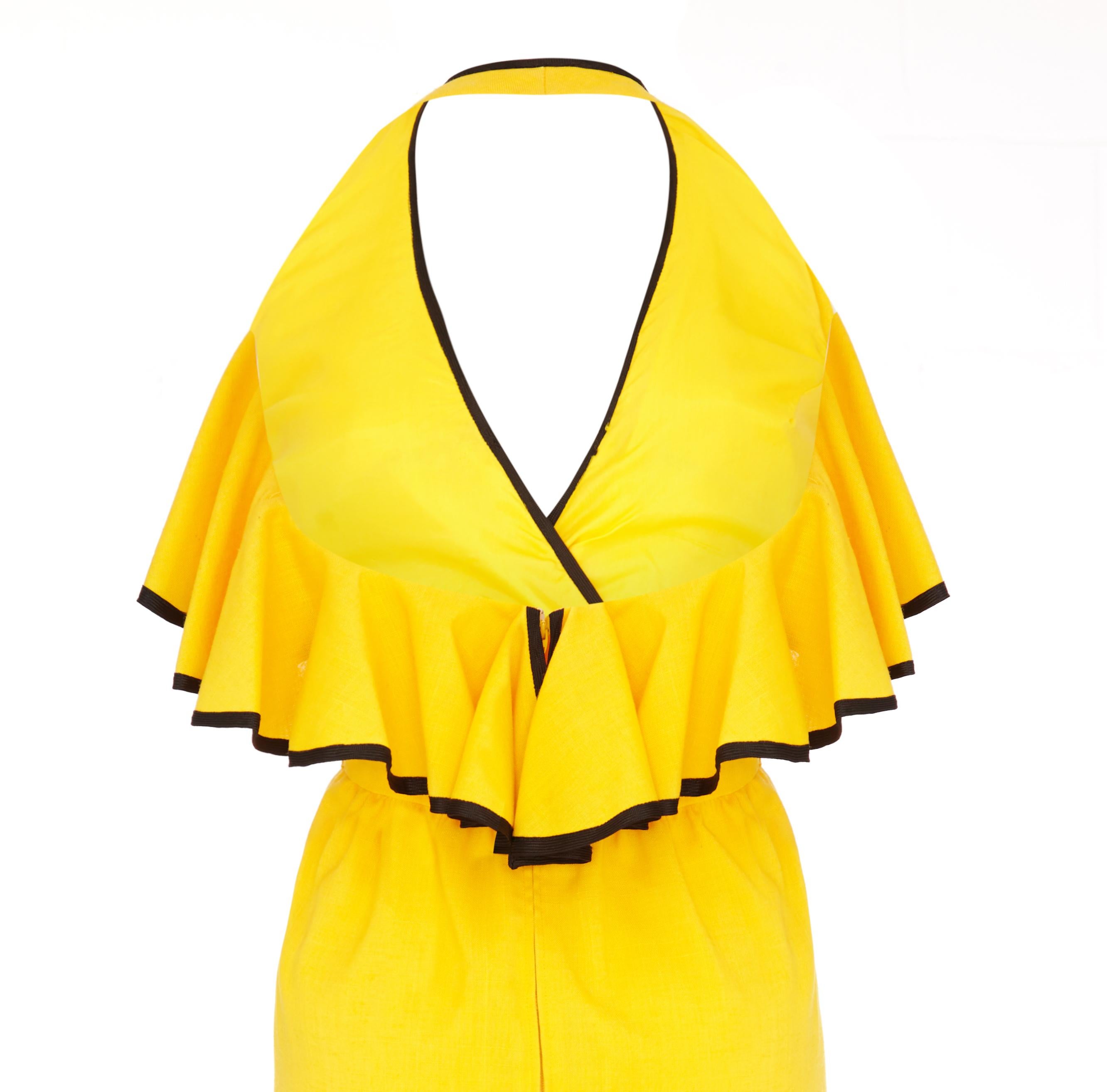 Women's 1970s Mollie Parnis Yellow & Black Halterneck Ruffle Dress For Sale